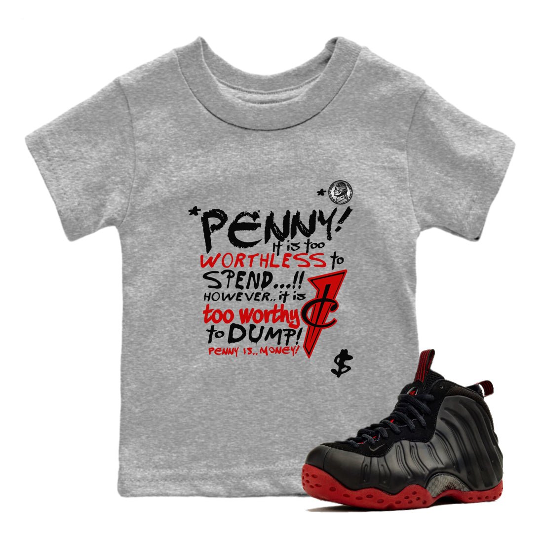 Penny Is baby and kids t-shirt crafted for little sneakerheads to shine with the Air Foamposite Cough Drop sneakers, displayed in Heather Grey 1.