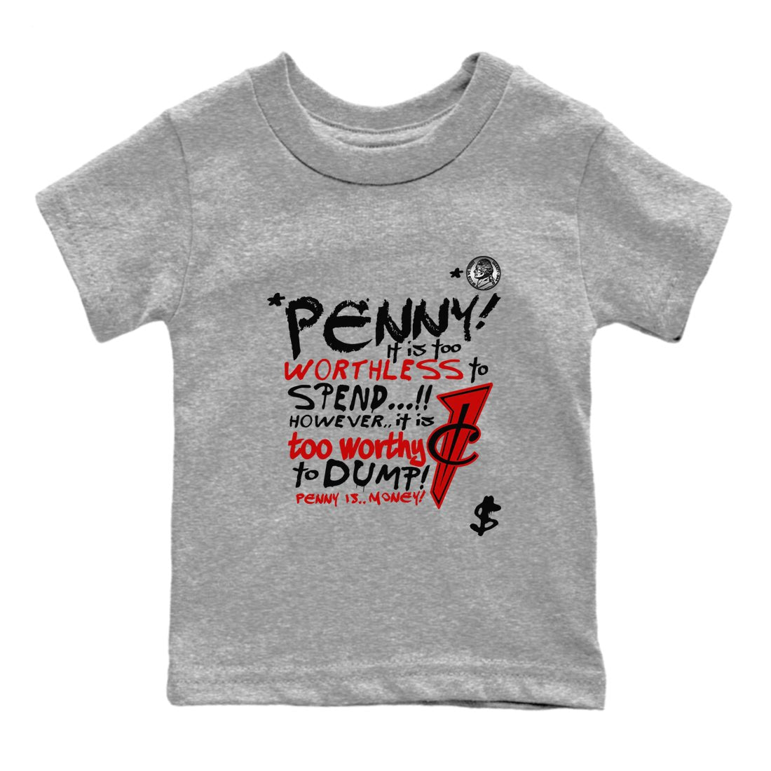 Penny Is baby and kids t-shirt crafted for little sneakerheads to shine with the Air Foamposite Cough Drop sneakers, displayed in Heather Grey 2.