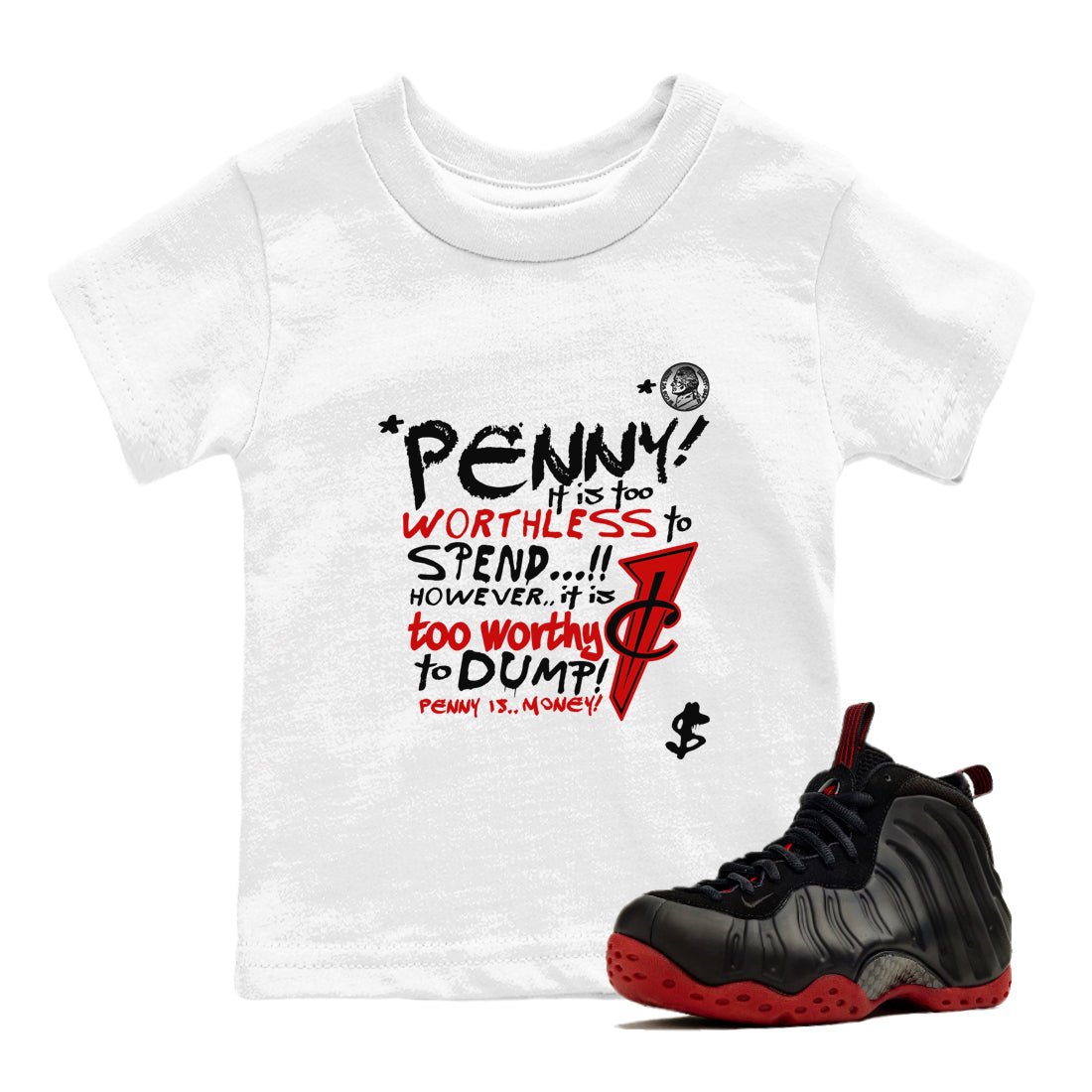Penny Is baby and kids t-shirt crafted for little sneakerheads to shine with the Air Foamposite Cough Drop sneakers, displayed in White 1.