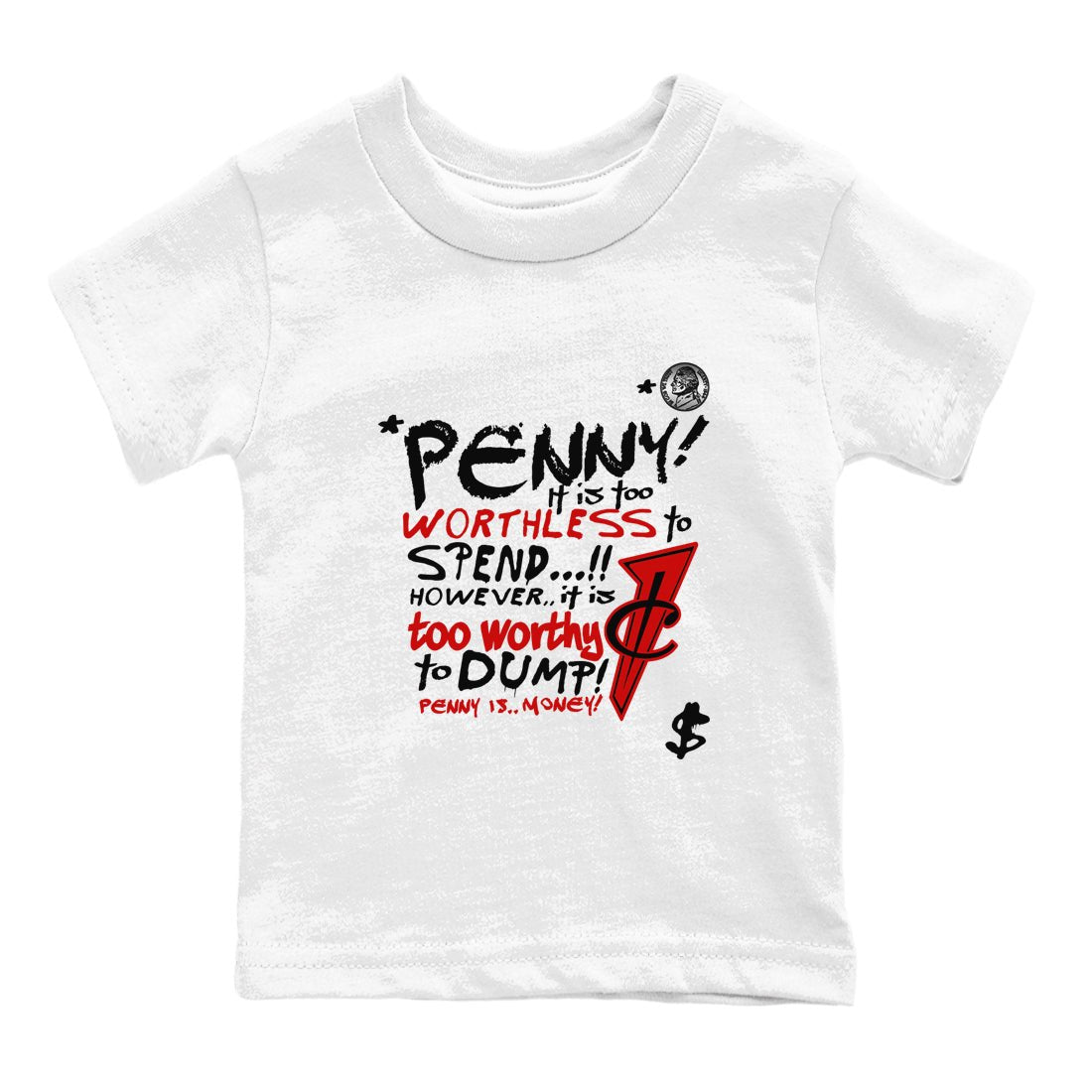 Penny Is baby and kids t-shirt crafted for little sneakerheads to shine with the Air Foamposite Cough Drop sneakers, displayed in White 2.