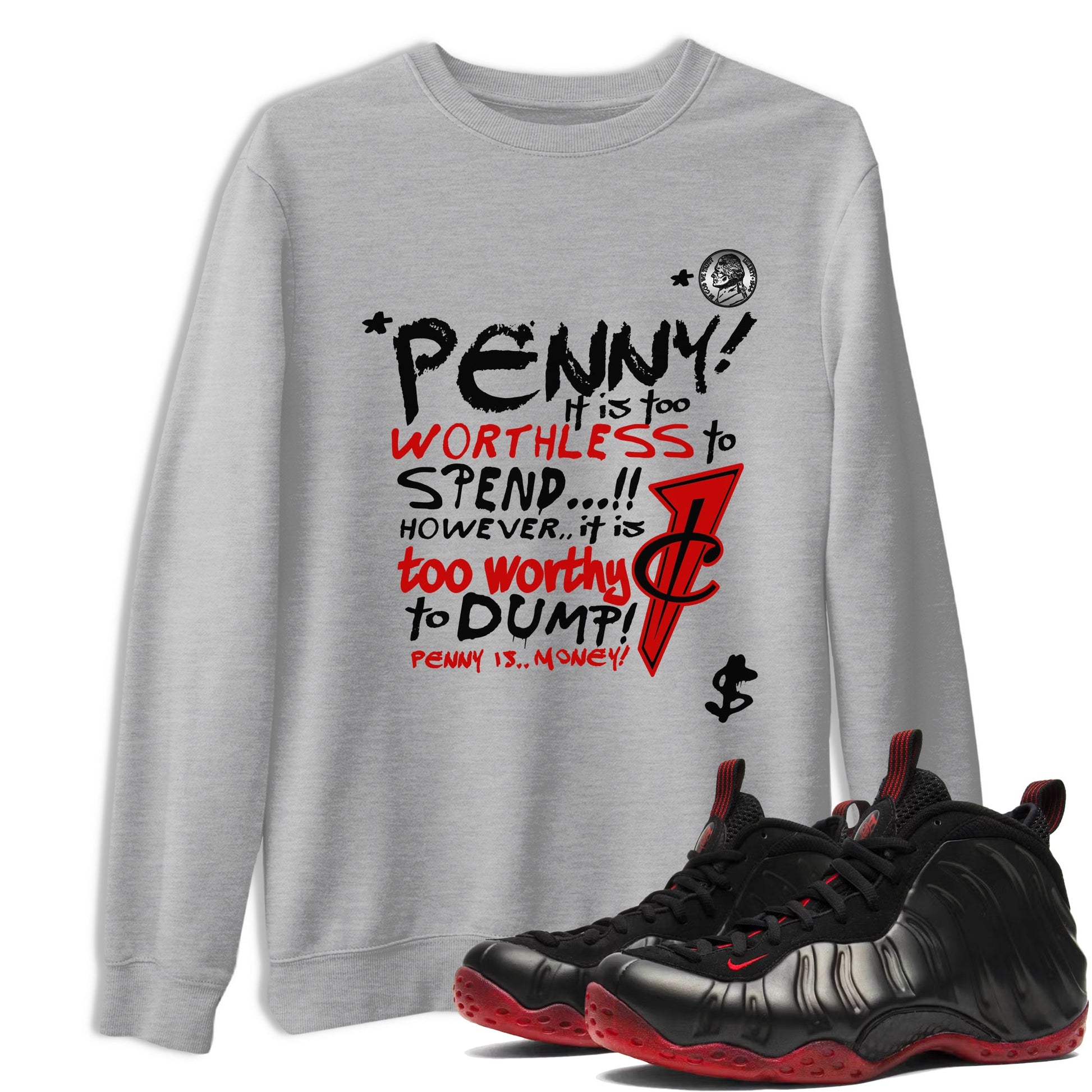 Penny Is sneaker match t-shirt styled to complete your fit with the Air Foamposite Cough Drop sneakers, shown in Heather Grey 1.