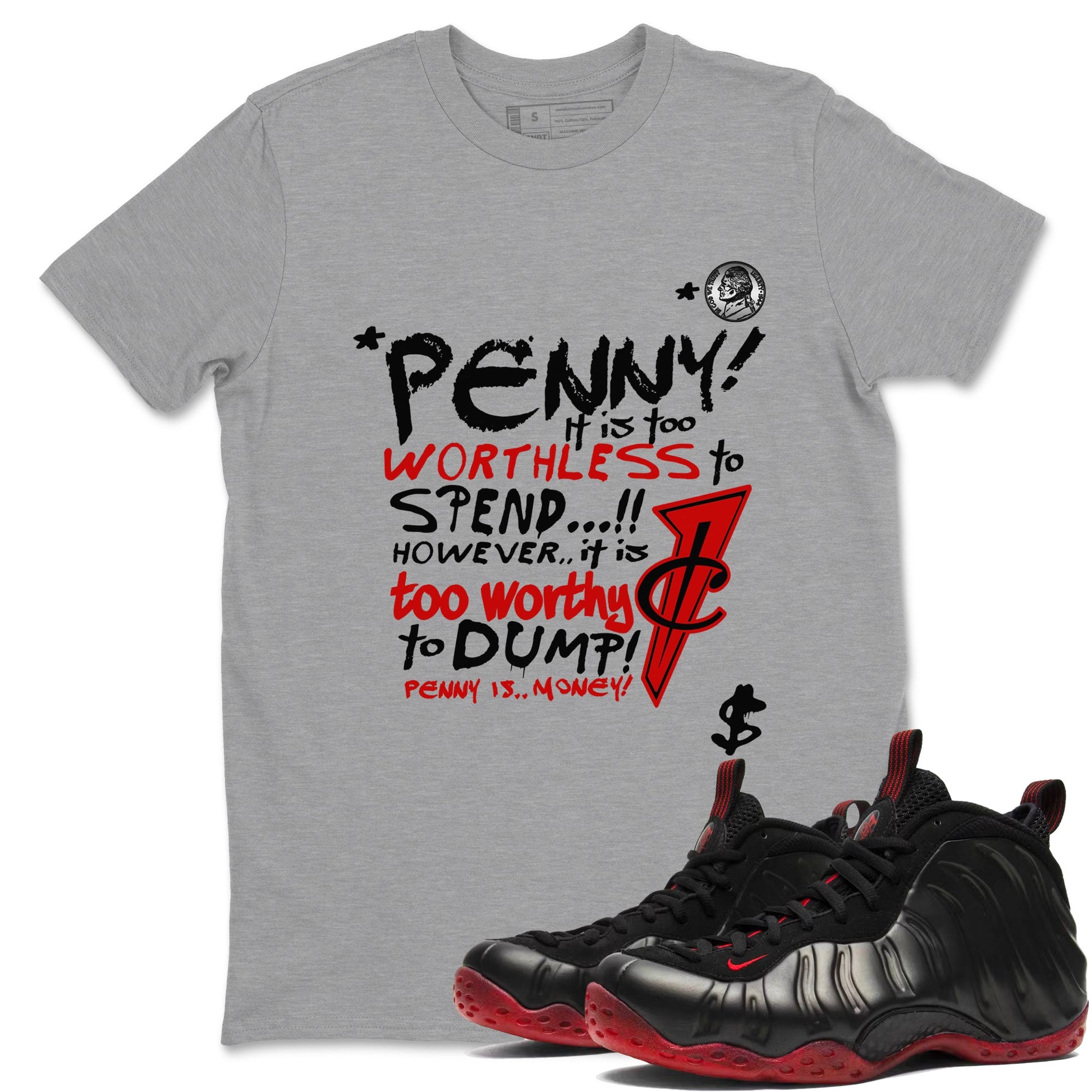 Penny Is sneaker match t-shirt styled to complete your fit with the Air Foamposite Cough Drop sneakers, shown in Heather Grey 1.