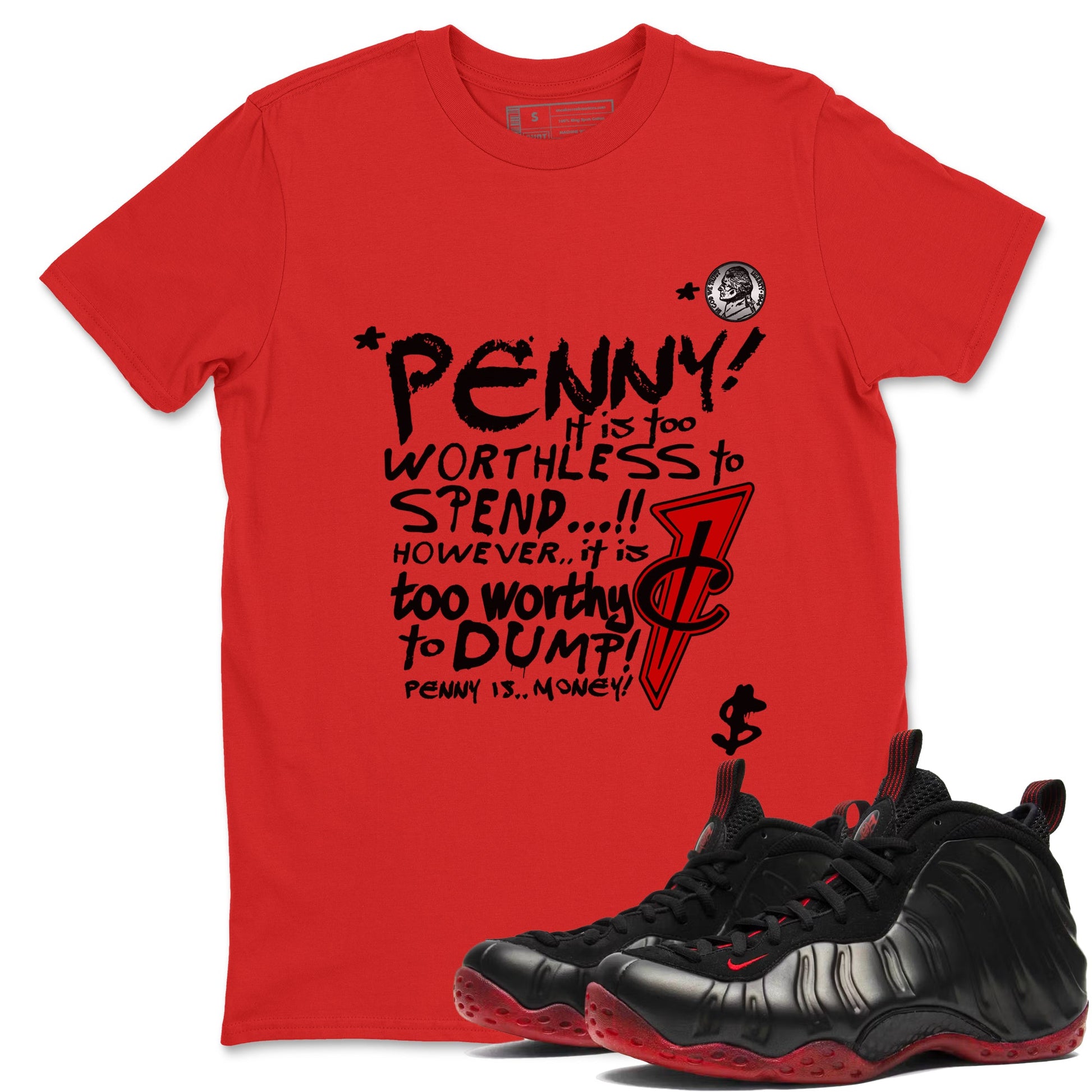 Penny Is sneaker match t-shirt styled to complete your fit with the Air Foamposite Cough Drop sneakers, shown in Red 1.