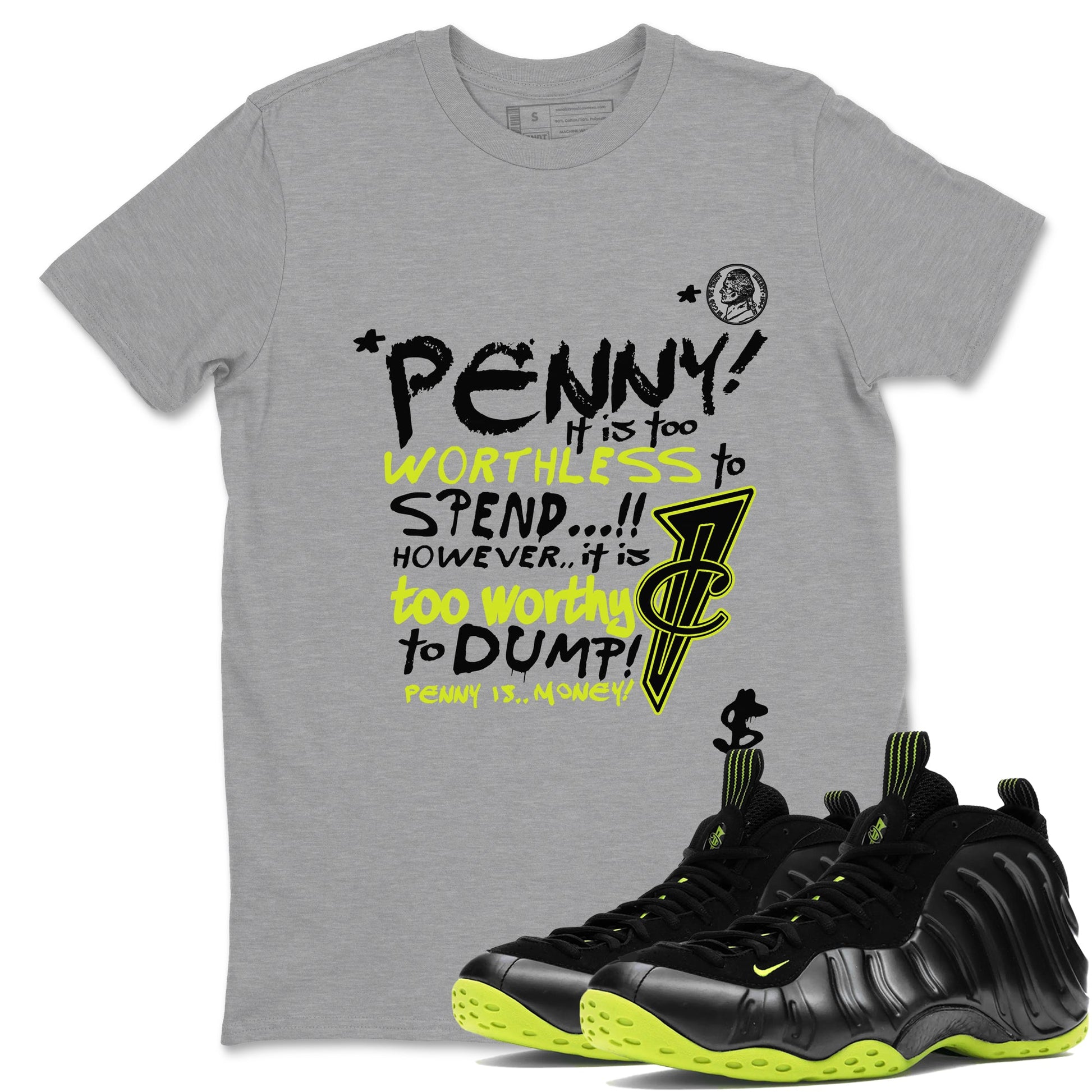 Foams One Black Volt shirts to match jordans Penny Is sneaker match tees Air Foamposite One Black and Volt match shoes to clothes SNRT Sneaker Tees unisex cotton Heather Grey 1 shirts