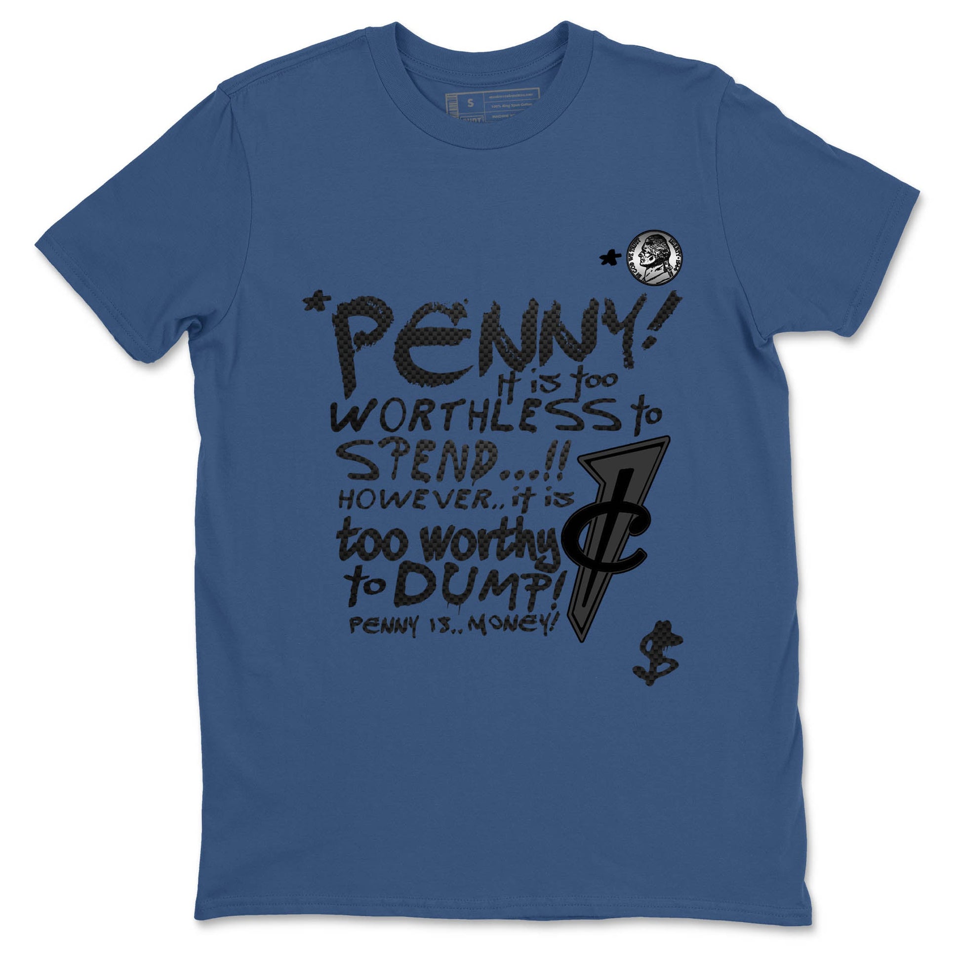 Sneaker Threads – Sneaker Tees To Match Air Foamposite One Carbon Fiber – Penny Is Graphic Tee Denim Blue 2. Perfect for Jordan releases 2025 colorways.