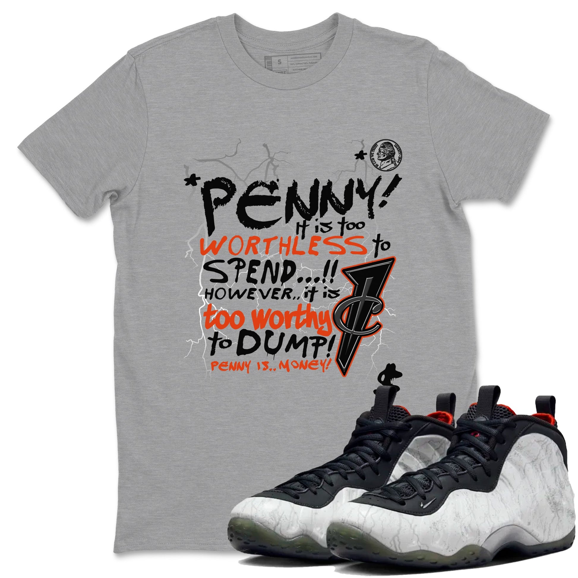 Foams One Jin shirts to match jordans Penny Is sneaker match tees Air Foamposite One Jin match shoes to clothes SNRT Sneaker Tees unisex cotton Heather Grey 1 shirts