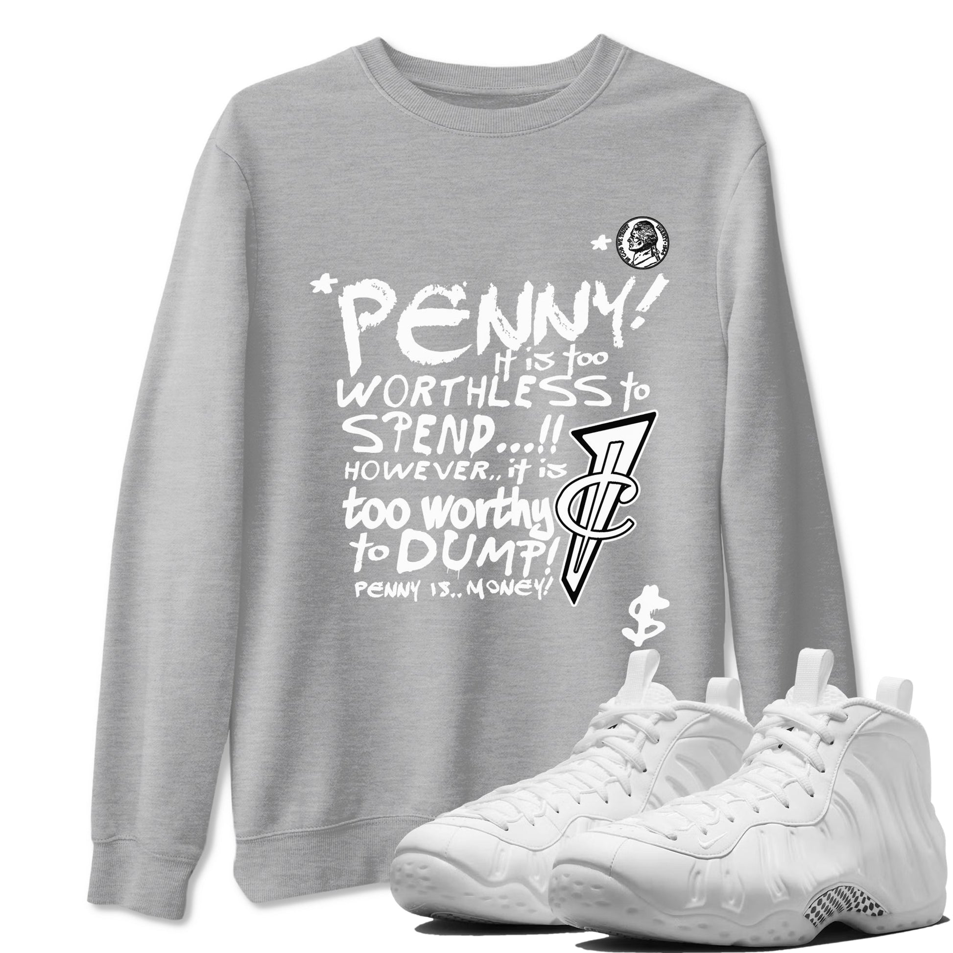 Penny Is sneaker match t-shirt styled to complete your fit with the Air Foamposite One Triple White sneakers, shown in Heather Grey 1.