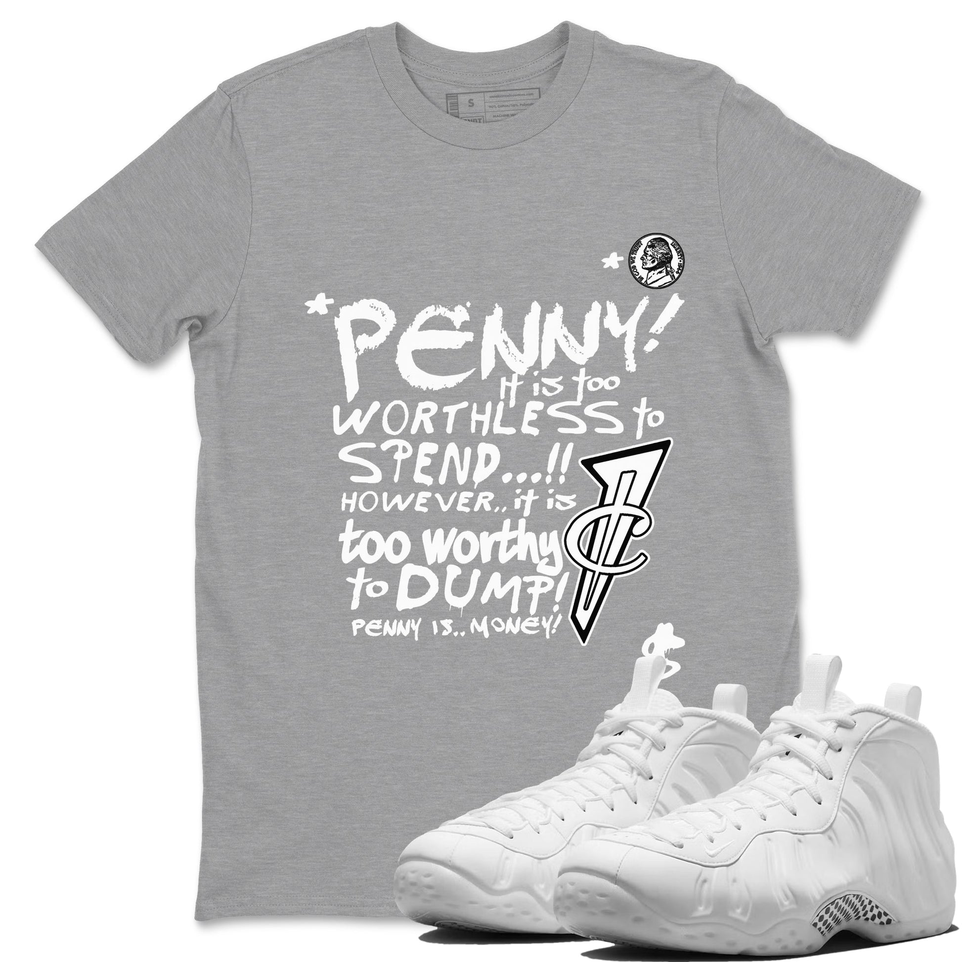 Penny Is sneaker match t-shirt styled to complete your fit with the Air Foamposite One Triple White sneakers, shown in Heather Grey 1.