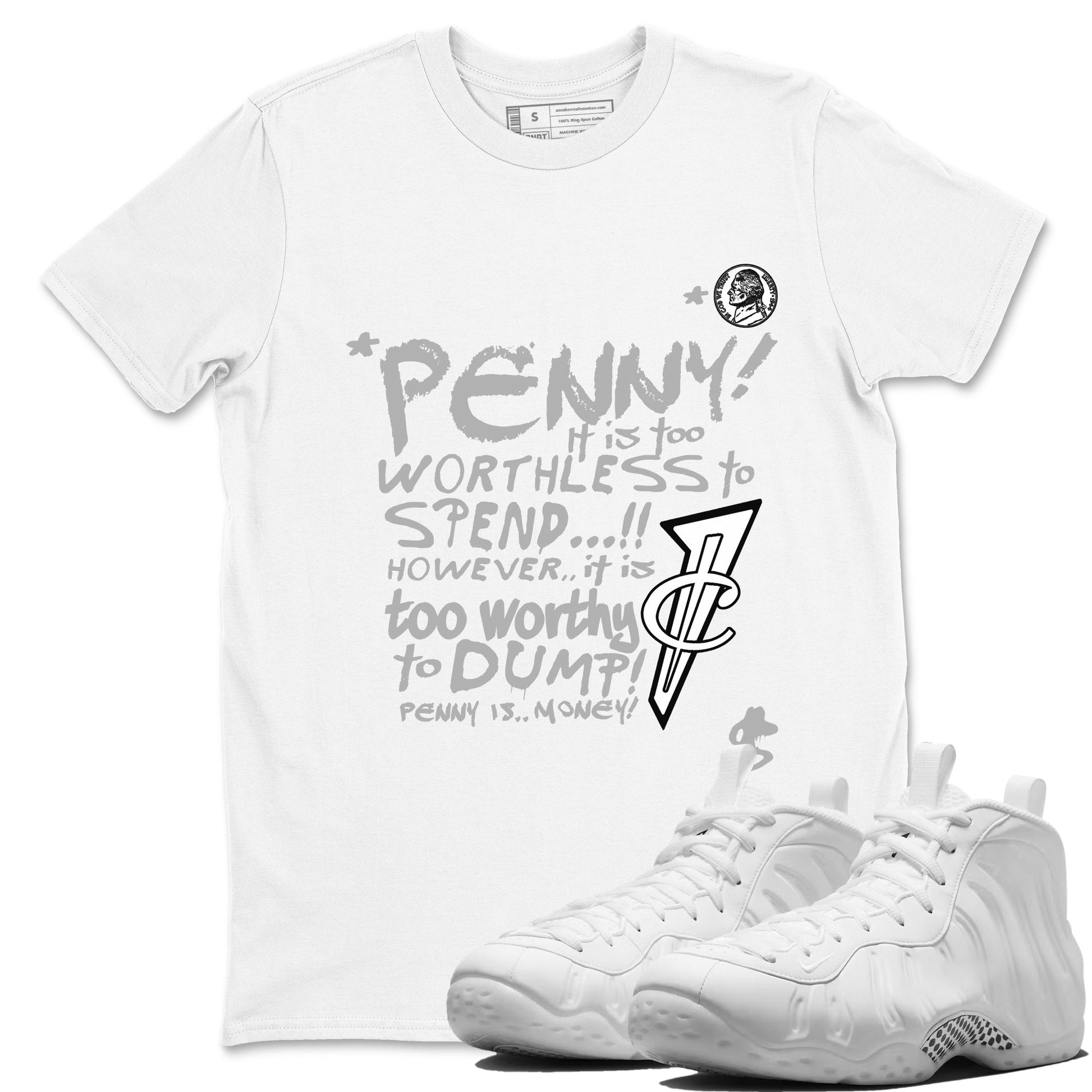 Penny Is sneaker match t-shirt styled to complete your fit with the Air Foamposite One Triple White sneakers, shown in White 1.