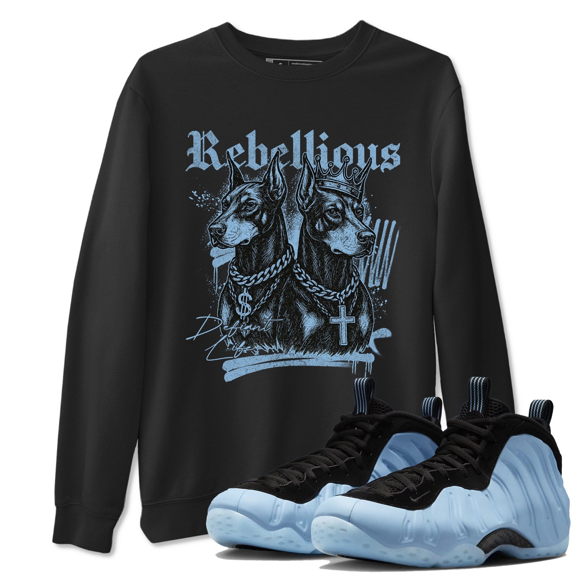 Rebellious sneaker match t-shirt styled to complete your fit with the Air Foamposite One Psychic Blue sneakers, shown in Black 1.