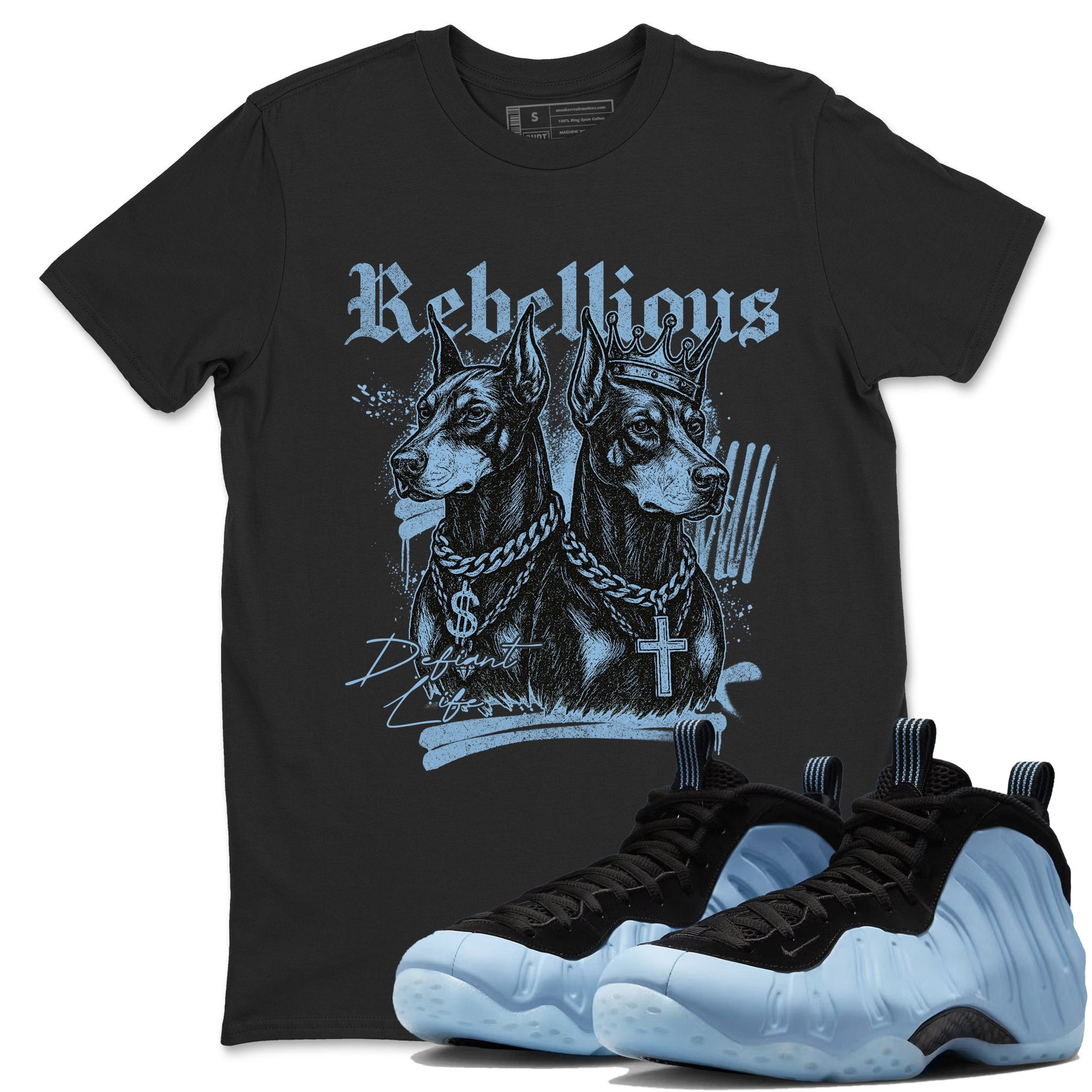 Rebellious sneaker match t-shirt styled to complete your fit with the Air Foamposite One Psychic Blue sneakers, shown in Black 1.