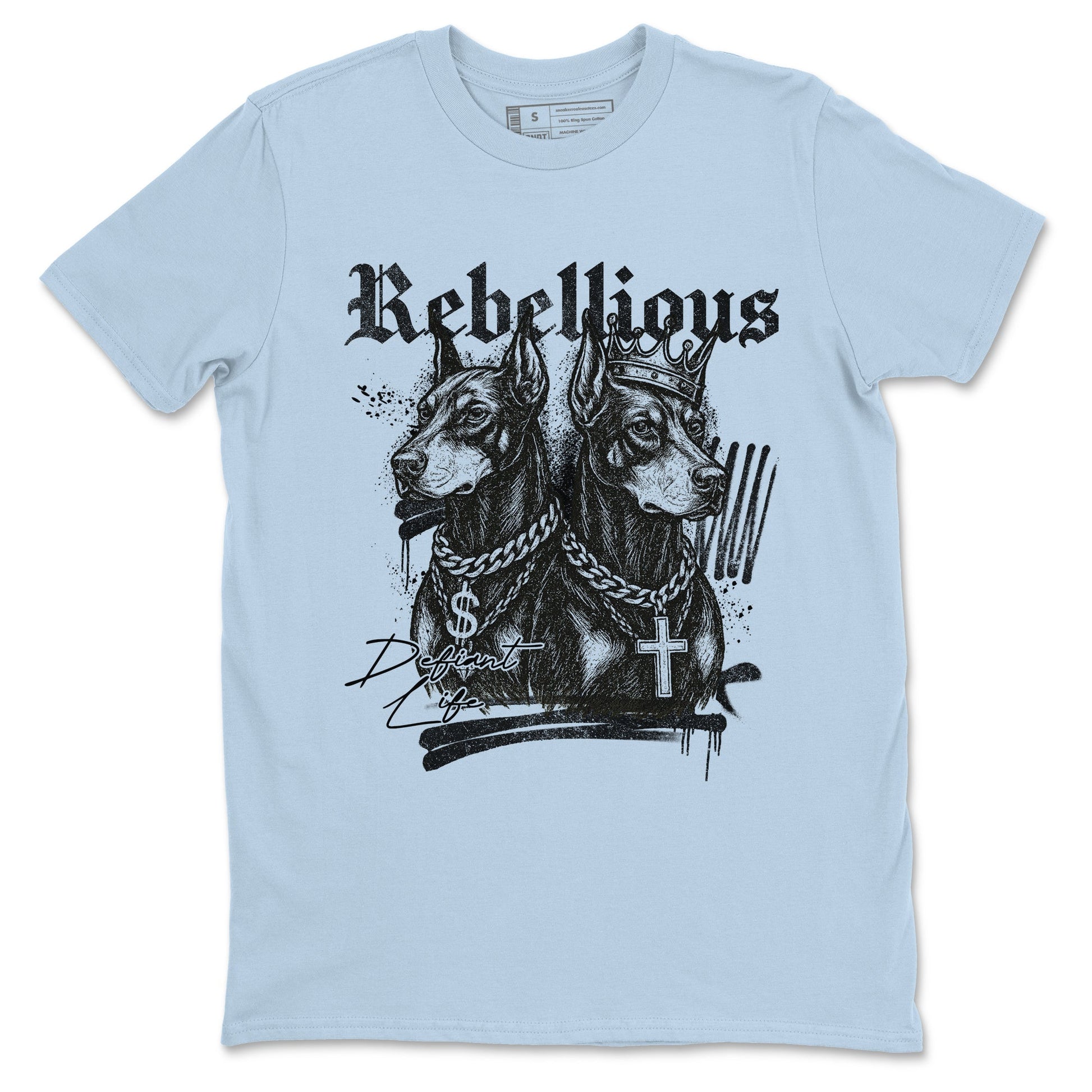 Rebellious sneaker match t-shirt styled to complete your fit with the Air Foamposite One Psychic Blue sneakers, shown in Light Blue 2.