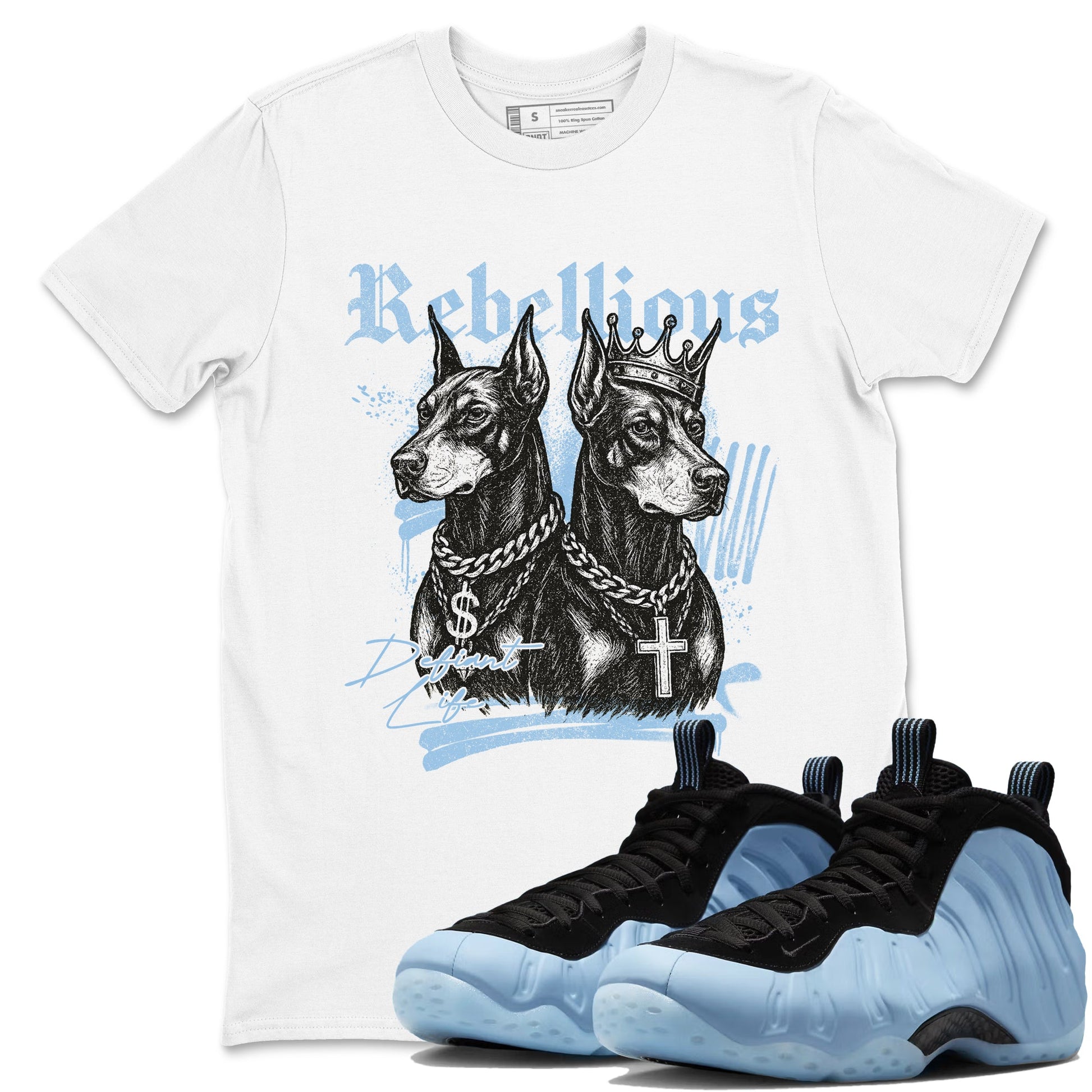 Rebellious sneaker match t-shirt styled to complete your fit with the Air Foamposite One Psychic Blue sneakers, shown in White 1.