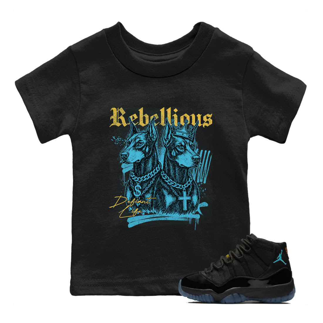 Sneaker Threads – Sneaker Tees To Match Air Jordan 11 Retro Gamma – Rebellious Youth Graphic Tee Black 1. Perfect for Jordan releases 2025 colorways.
