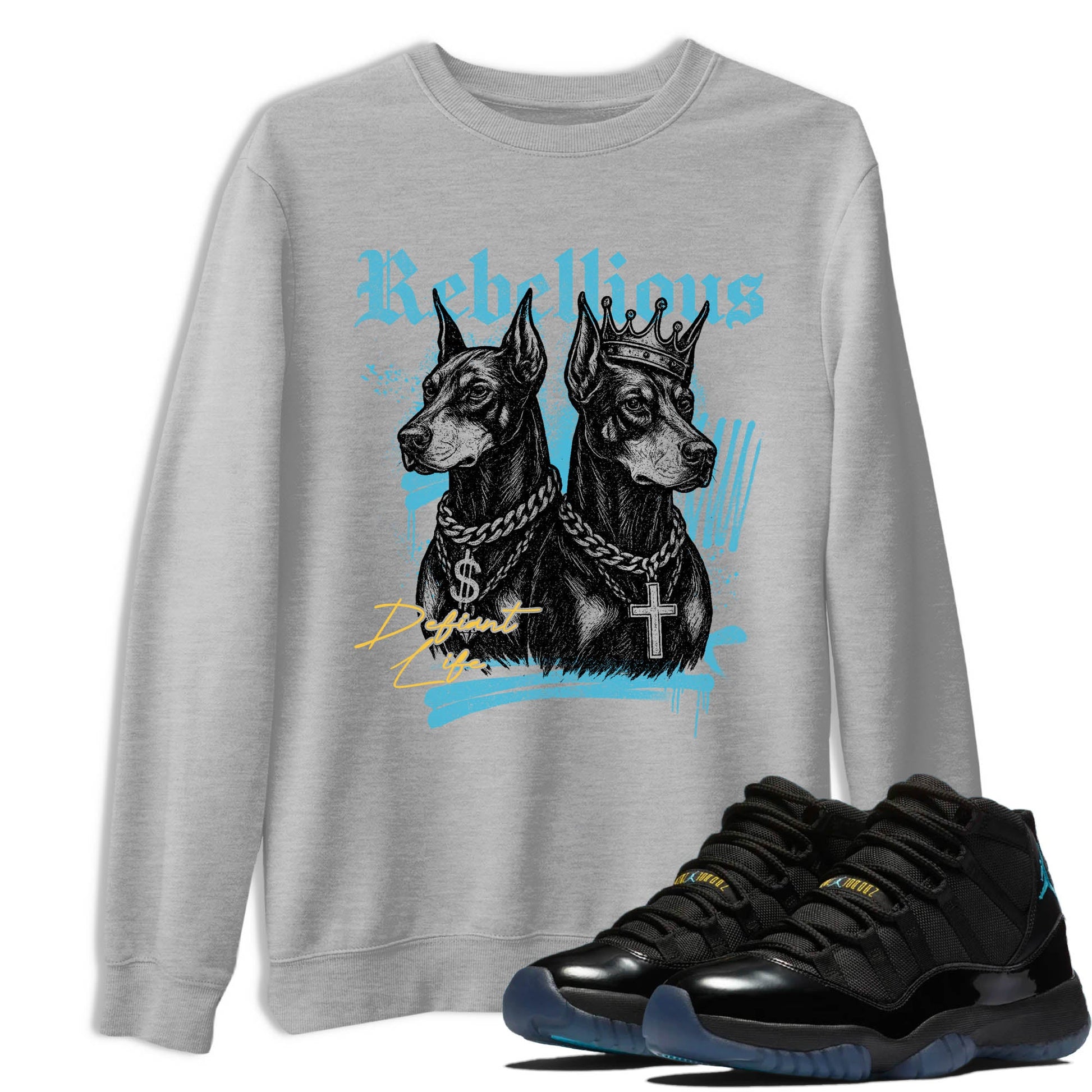 Sneaker Threads – Sneaker Tees To Match Air Jordan 11 Retro Gamma – Rebellious Graphic Tee Heather Grey 1. Perfect for Jordan releases 2025 colorways.