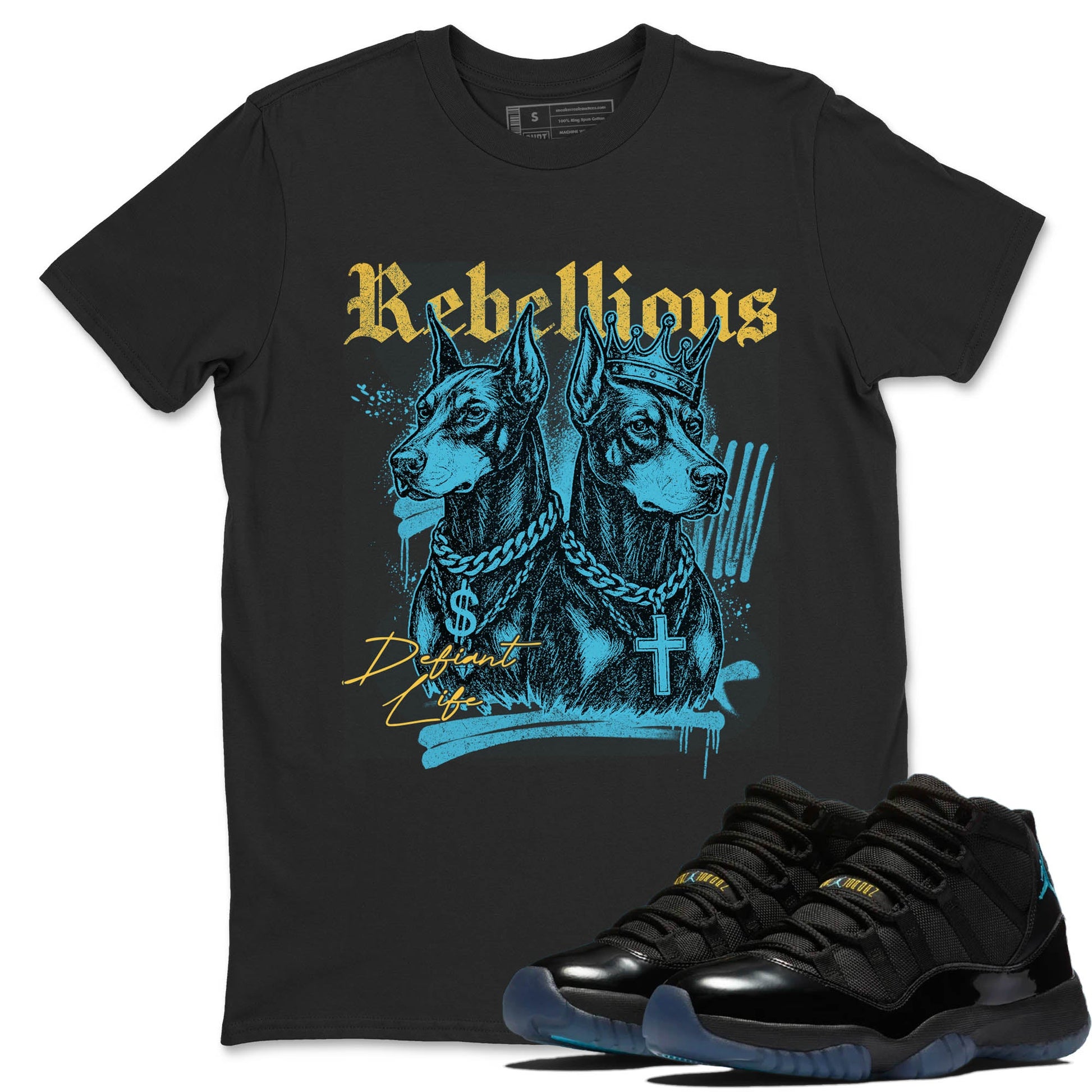 Sneaker Threads – Sneaker Tees To Match Air Jordan 11 Retro Gamma – Rebellious Graphic Tee Black 1. Perfect for Jordan releases 2025 colorways.