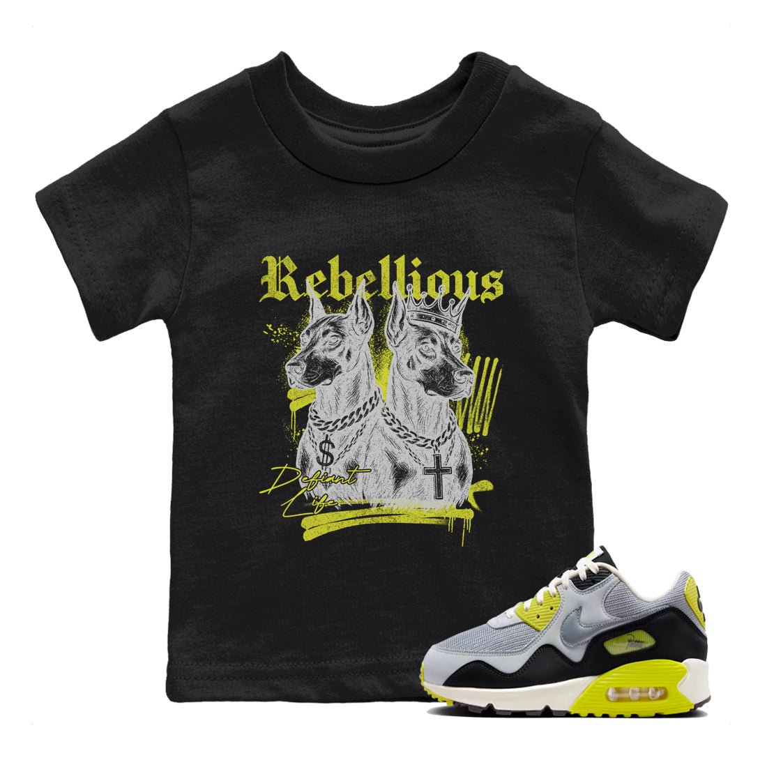 Rebellious baby and kids t-shirt crafted for little sneakerheads to shine with the Air Max 90 Cyber sneakers, displayed in Black 1.