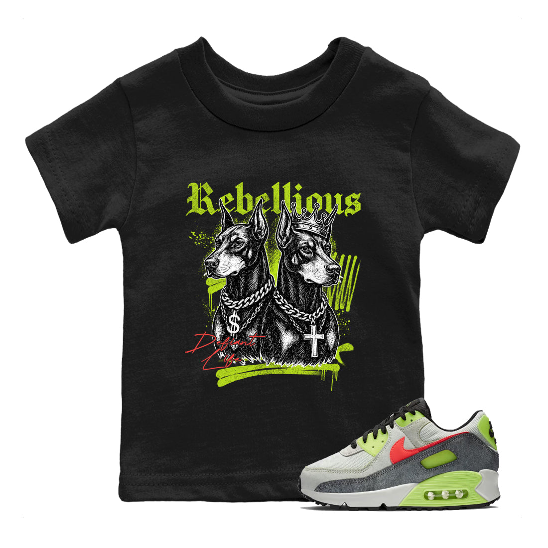 Sneaker Threads – Sneaker Tees To Match Air Max 90 Spruce Aura and Ghost Green – Rebellious Youth Graphic Tee Black 1. Perfect for Jordan releases 2025 colorways.