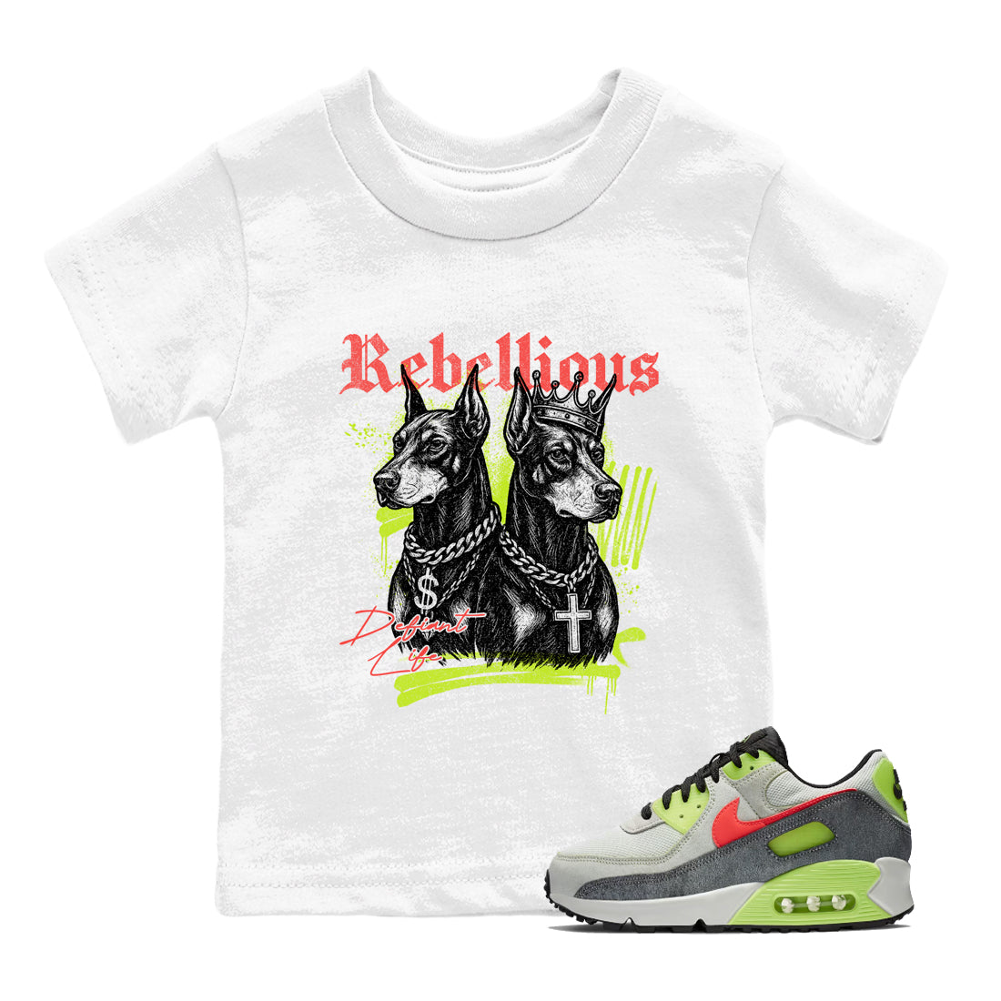 Sneaker Threads – Sneaker Tees To Match Air Max 90 Spruce Aura and Ghost Green – Rebellious Youth Graphic Tee White 1. Perfect for Jordan releases 2025 colorways.