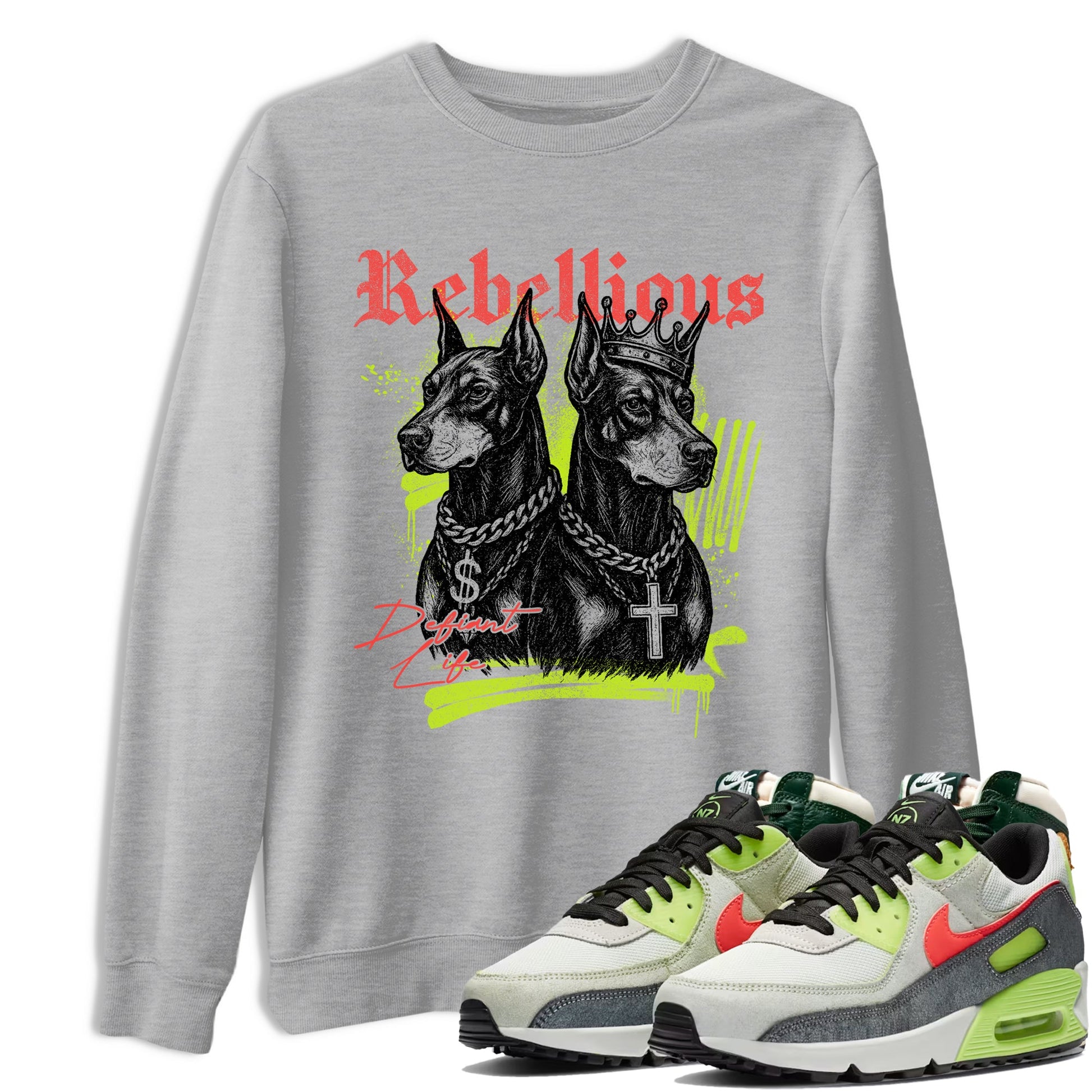 Sneaker Threads – Sneaker Tees To Match Air Max 90 Spruce Aura and Ghost Green – Rebellious Graphic Tee Heather Grey 1. Perfect for Jordan releases 2025 colorways.