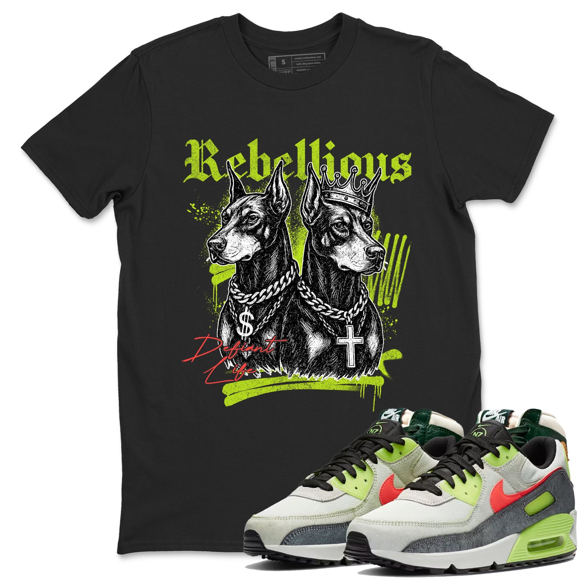 Sneaker Threads – Sneaker Tees To Match Air Max 90 Spruce Aura and Ghost Green – Rebellious Graphic Tee Black 1. Perfect for Jordan releases 2025 colorways.