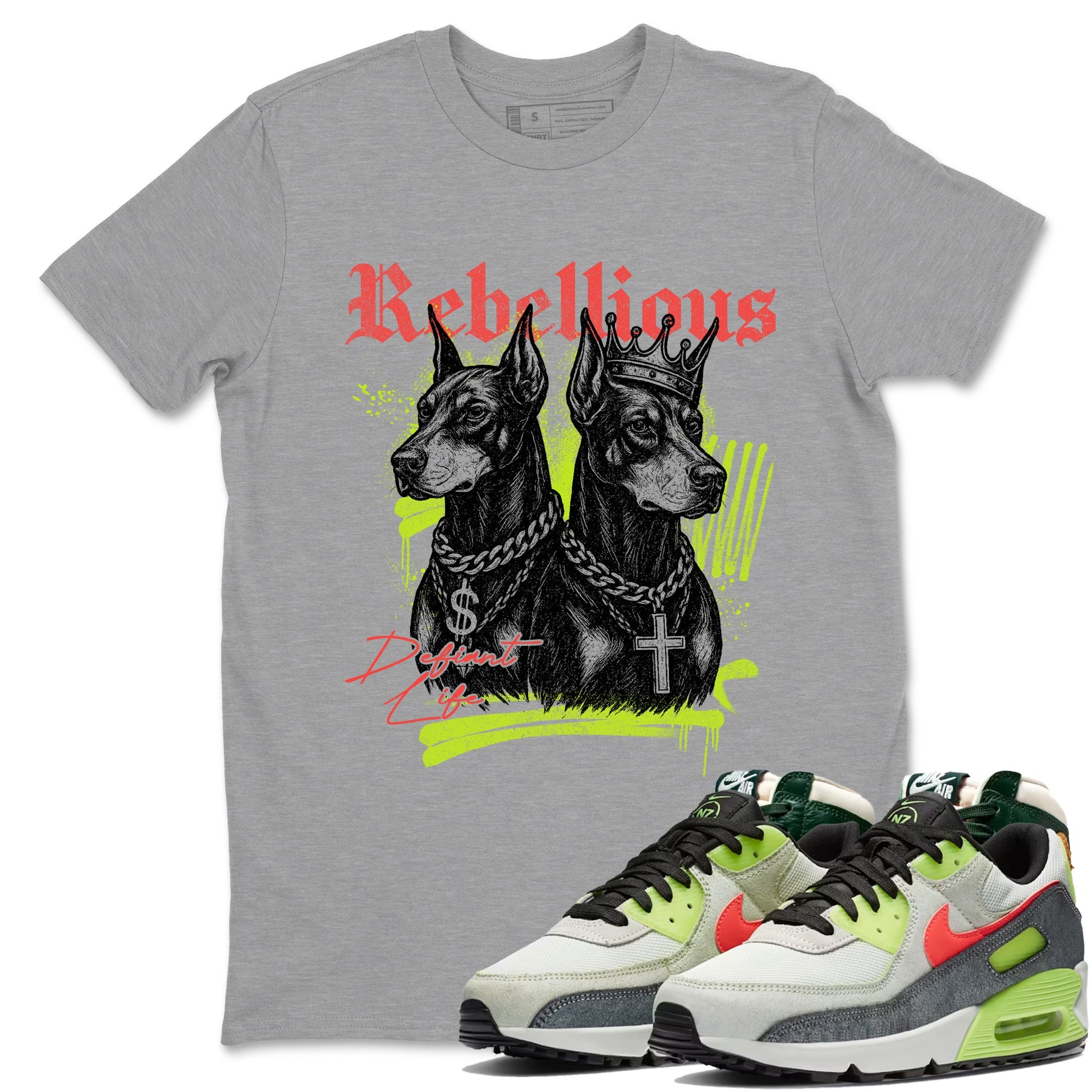 Sneaker Threads – Sneaker Tees To Match Air Max 90 Spruce Aura and Ghost Green – Rebellious Graphic Tee Heather Grey 1. Perfect for Jordan releases 2025 colorways.
