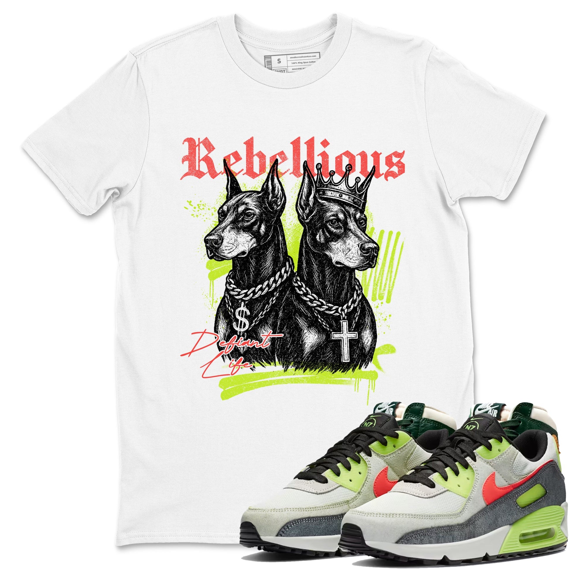Sneaker Threads – Sneaker Tees To Match Air Max 90 Spruce Aura and Ghost Green – Rebellious Graphic Tee White 1. Perfect for Jordan releases 2025 colorways.