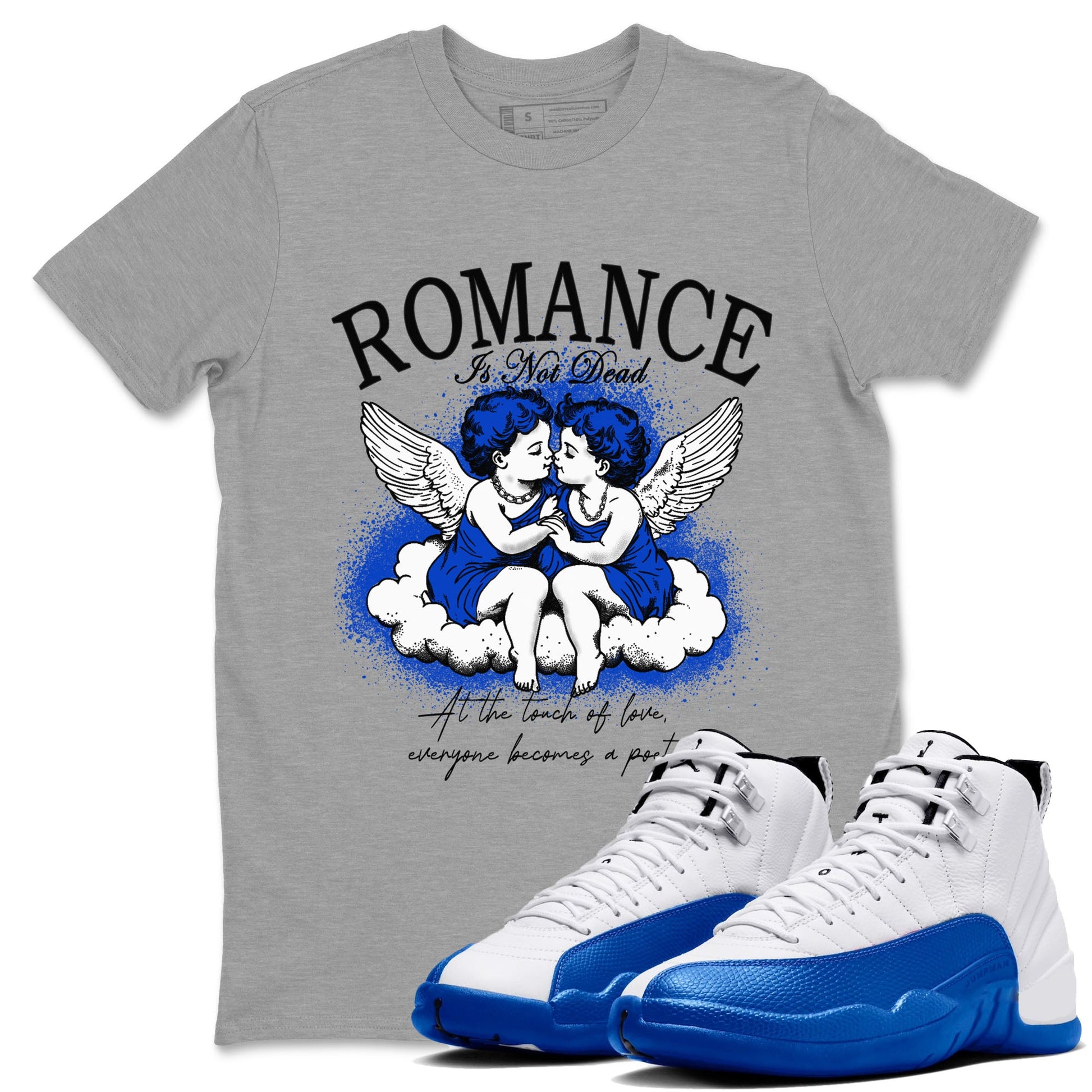 12s Blueberry shirts to match jordans Romance Is Not Dead best t shirts to wear with jordans Air Jordan 12 Retro Blueberry match shoes to clothes SNRT Sneaker Tees unisex cotton Heather Grey 1 shirts