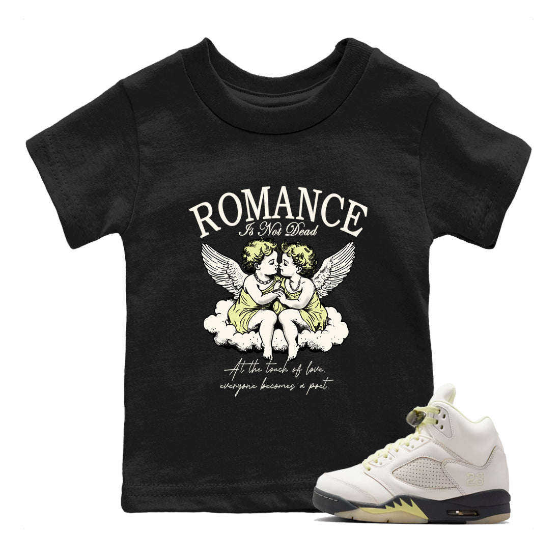 Sneaker match tees – Sneaker Tees To Match Air Jordan 5 Luminous Green Shoes – Romance Is Not Dead Kids T-Shirt Black 1