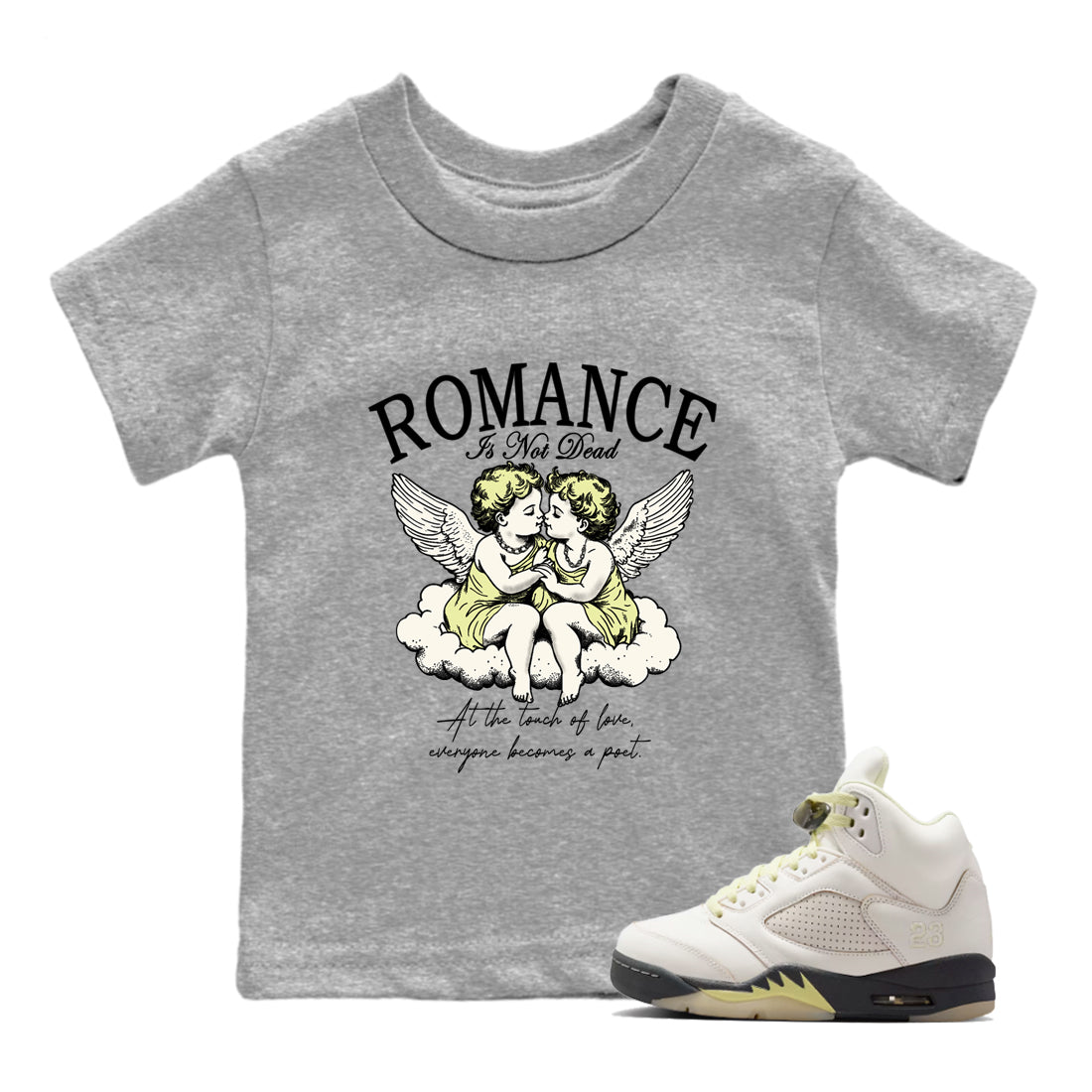 Sneaker match tees – Sneaker Tees To Match Air Jordan 5 Luminous Green Shoes – Romance Is Not Dead Kids T-Shirt Heather Grey 1