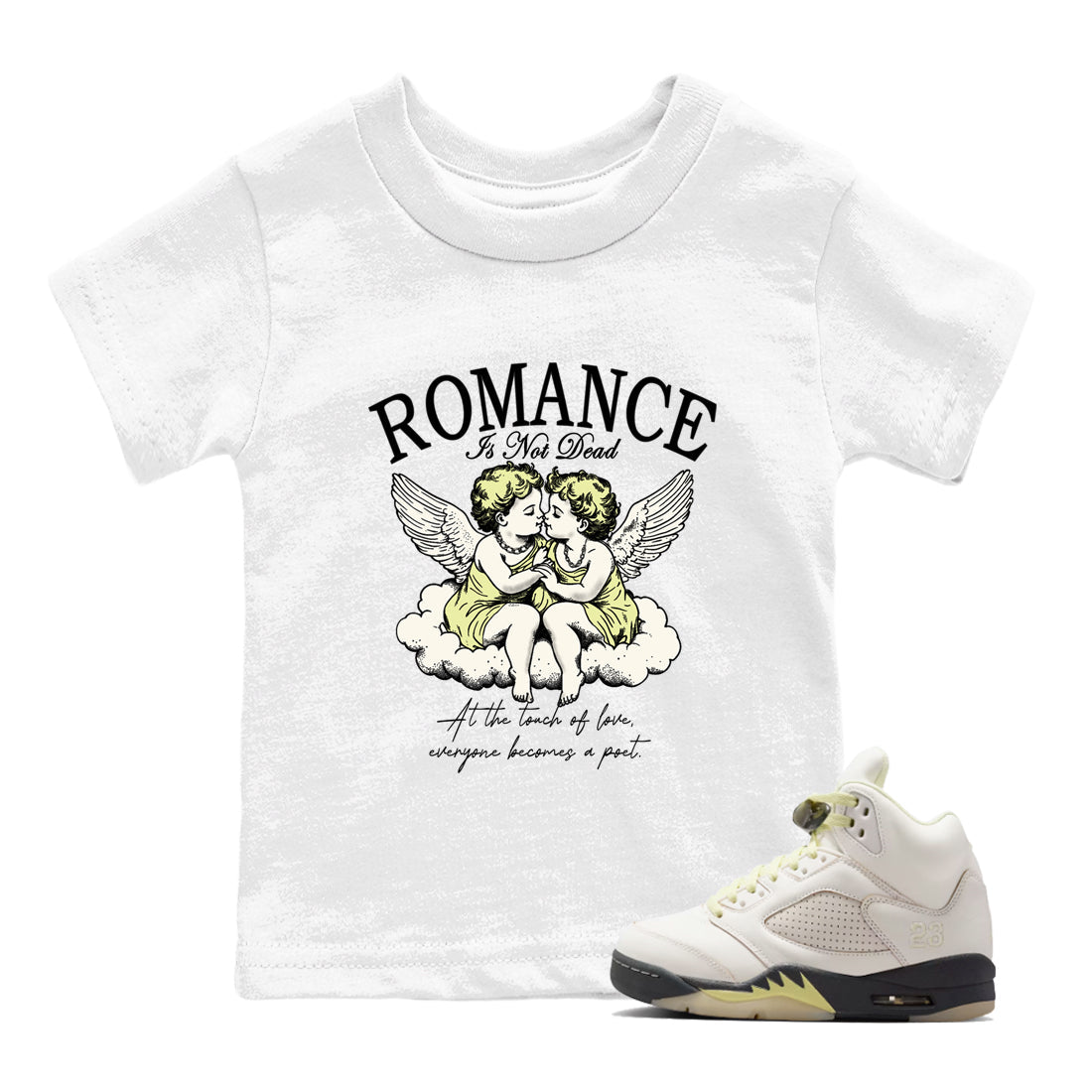 Sneaker match tees – Sneaker Tees To Match Air Jordan 5 Luminous Green Shoes – Romance Is Not Dead Kids T-Shirt White 1