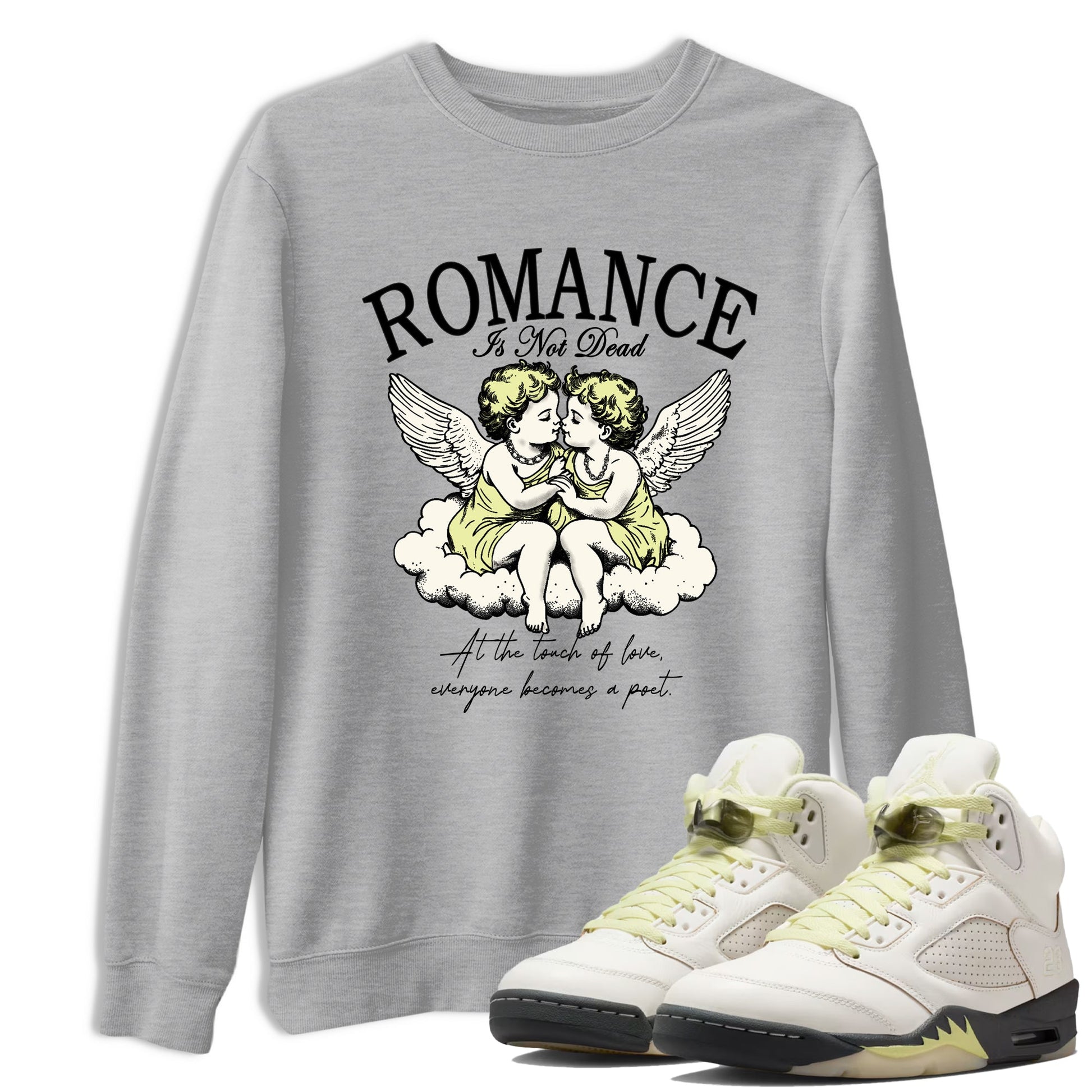 Sneaker match tees – Sneaker Tees To Match Air Jordan 5 Luminous Green Shoes – Romance Is Not Dead Tee Heather Grey 1