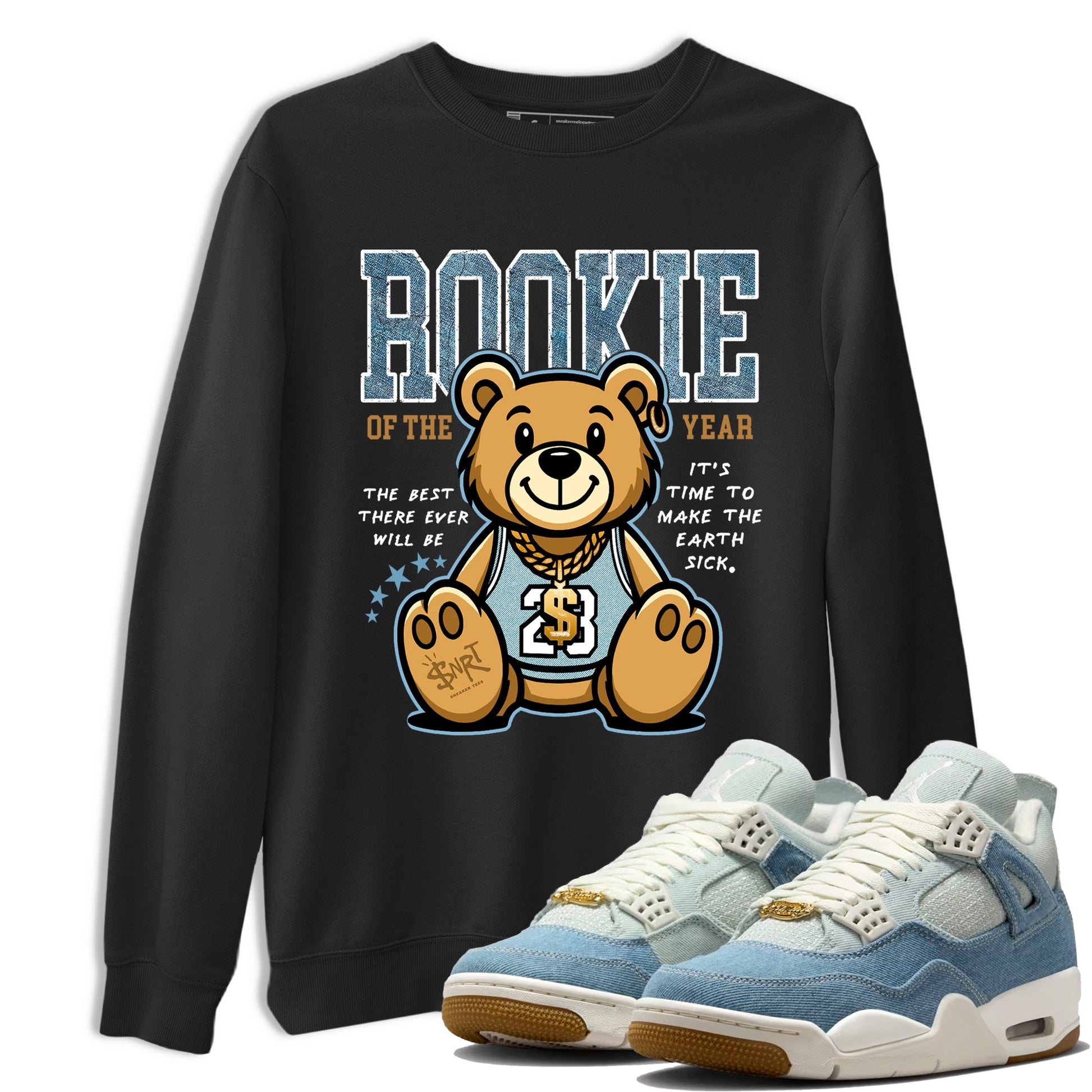 Sneaker match tees – Sneaker Tees To Match 4s Worn Blue Air Jordan 4 Denim Shoes – Rookie Of The Year Tee Black 1