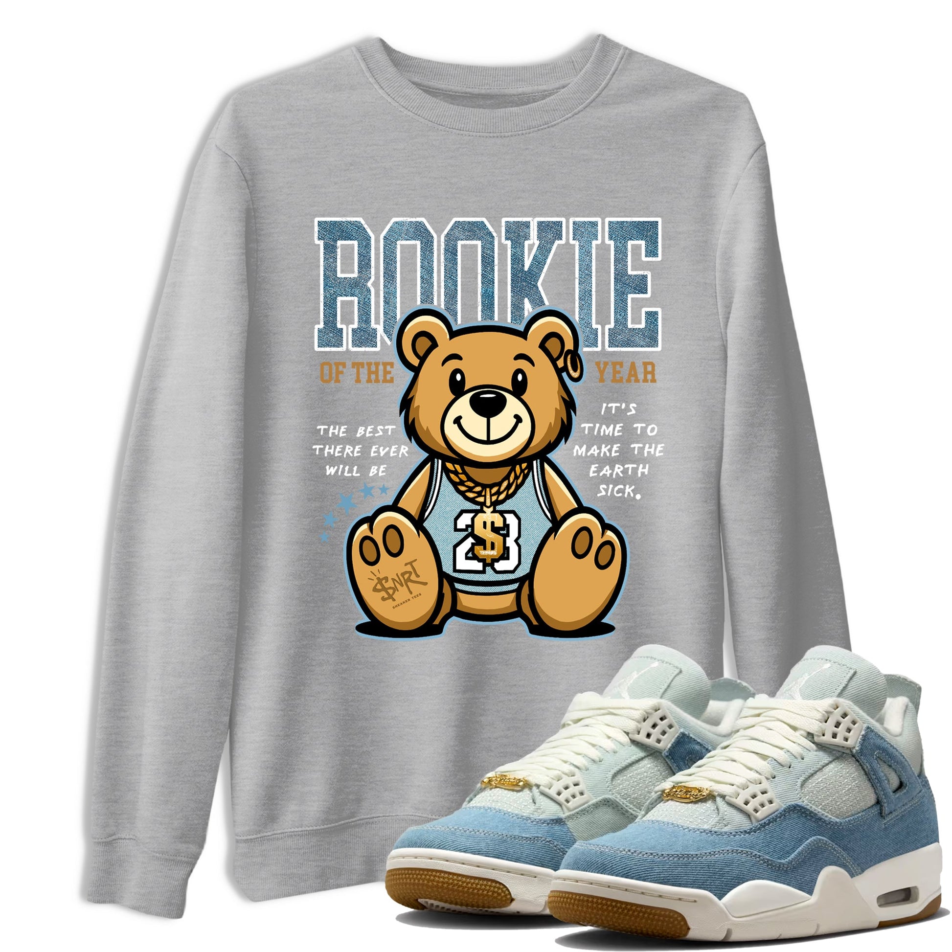 Sneaker match tees – Sneaker Tees To Match 4s Worn Blue Air Jordan 4 Denim Shoes – Rookie Of The Year Tee Heather Grey 1