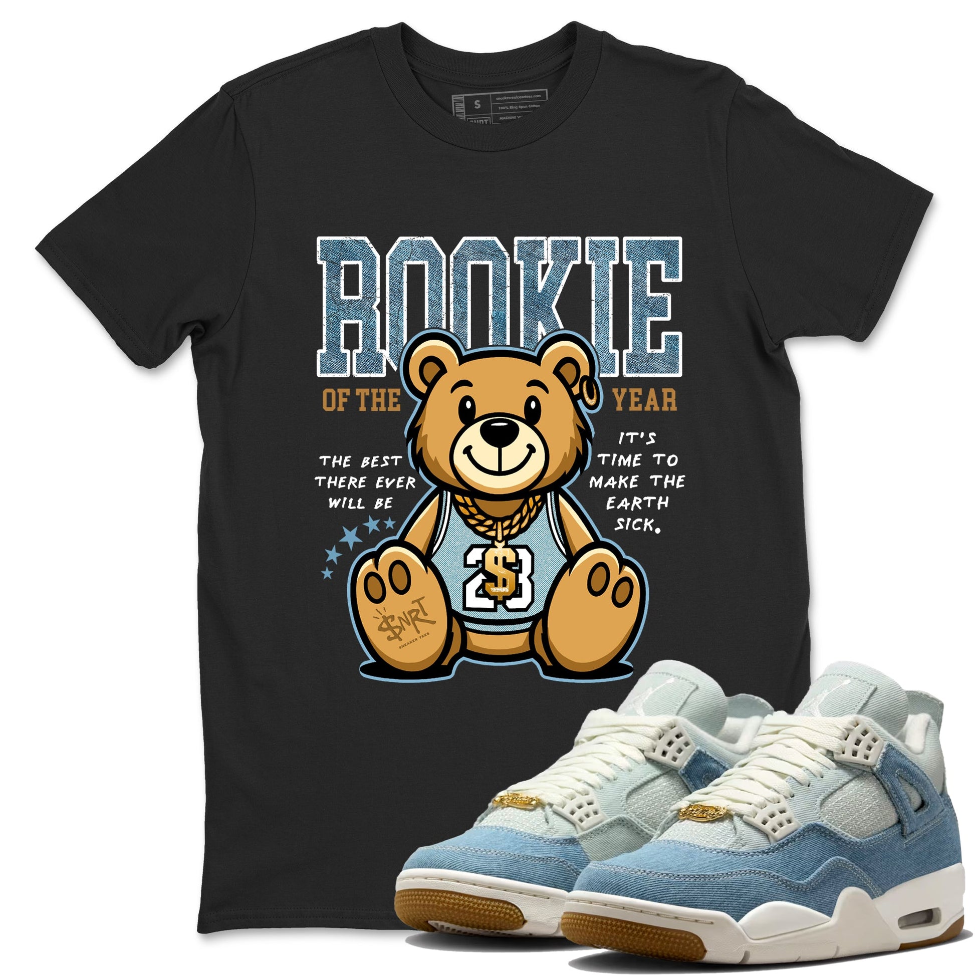 Sneaker match tees – Sneaker Tees To Match 4s Worn Blue Air Jordan 4 Denim Shoes – Rookie Of The Year Tee Black 1