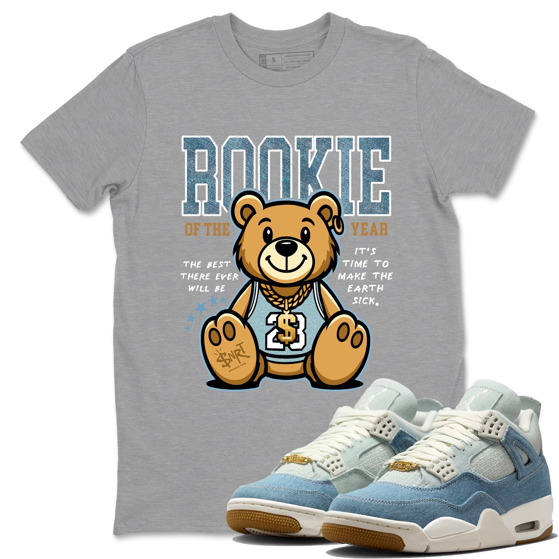 Sneaker match tees – Sneaker Tees To Match 4s Worn Blue Air Jordan 4 Denim Shoes – Rookie Of The Year Tee Heather Grey 1