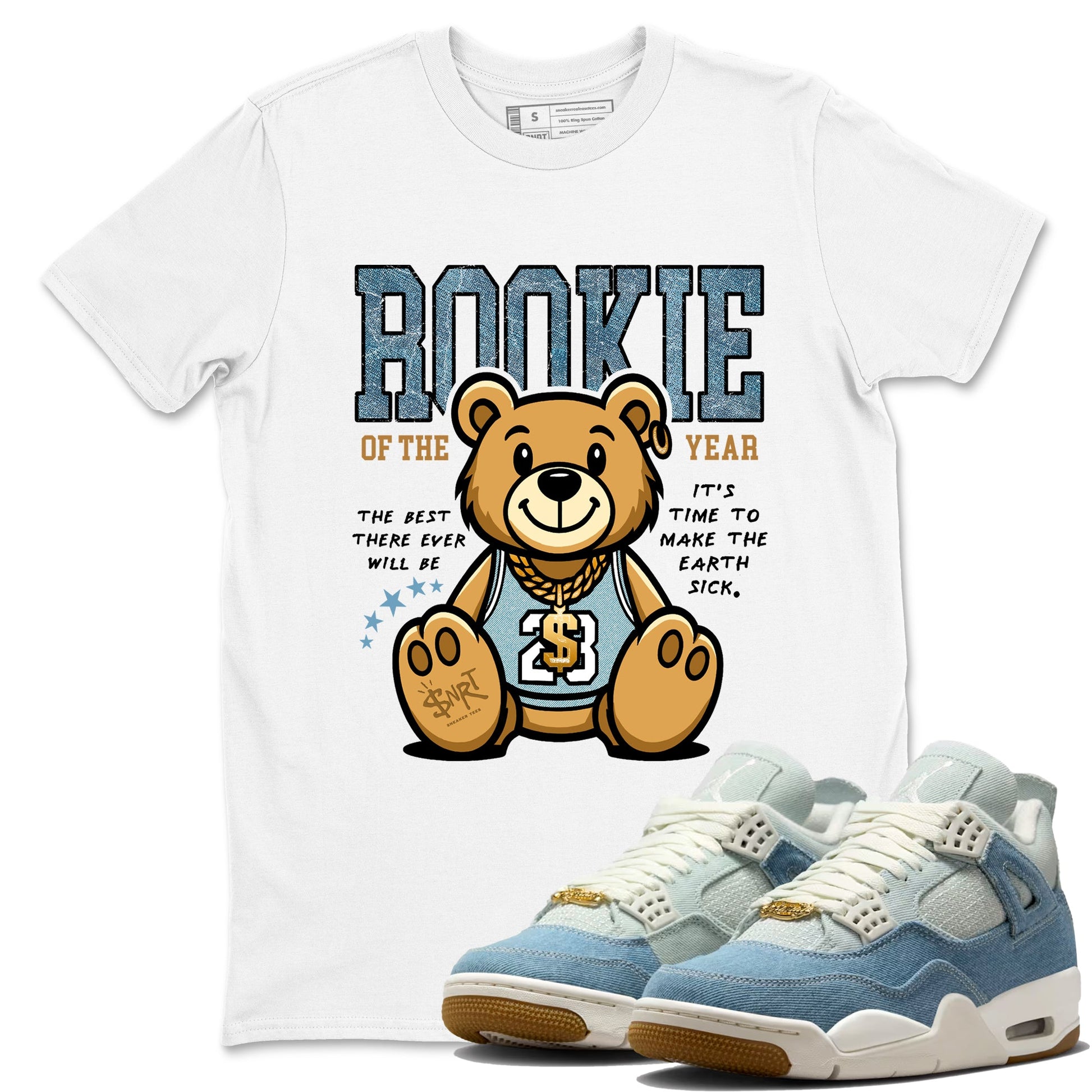 Sneaker match tees – Sneaker Tees To Match 4s Worn Blue Air Jordan 4 Denim Shoes – Rookie Of The Year Tee White 1