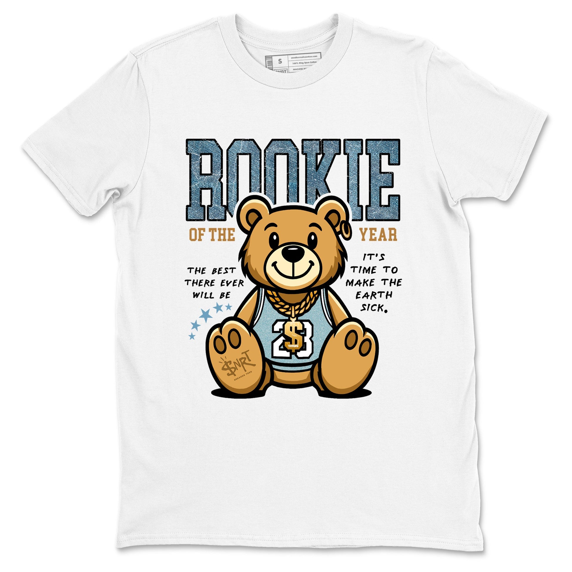 Sneaker match tees – Sneaker Tees To Match 4s Worn Blue Air Jordan 4 Denim Shoes – Rookie Of The Year Tee White 2