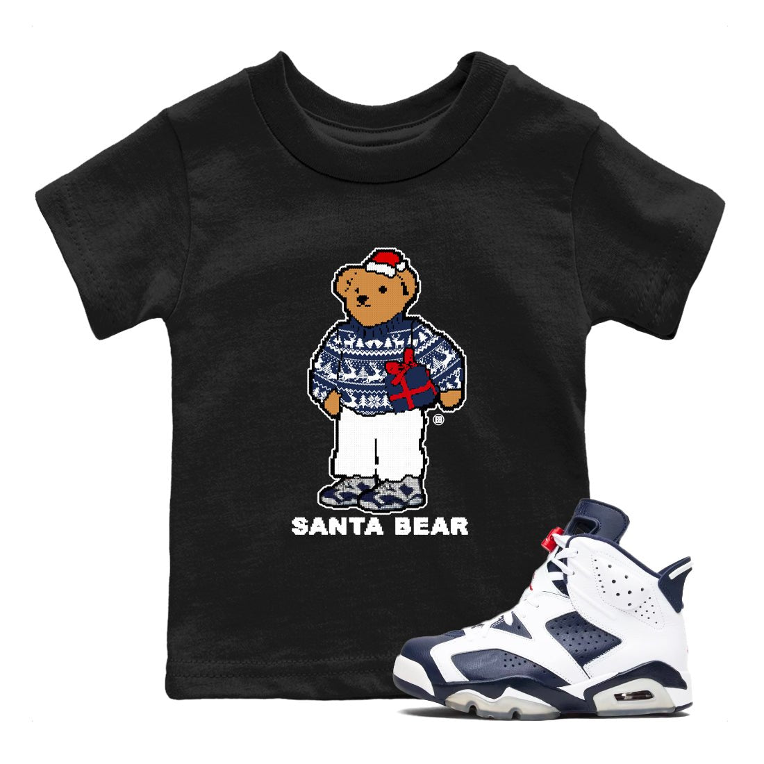 Air Jordan 6 White And Midnight Navy t shirts to match sneakers Santa Bear Christmas Shirts Air Jordan 6 Olympic shirt SNRT Sneaker Tees Youth Baby Black 1 tee