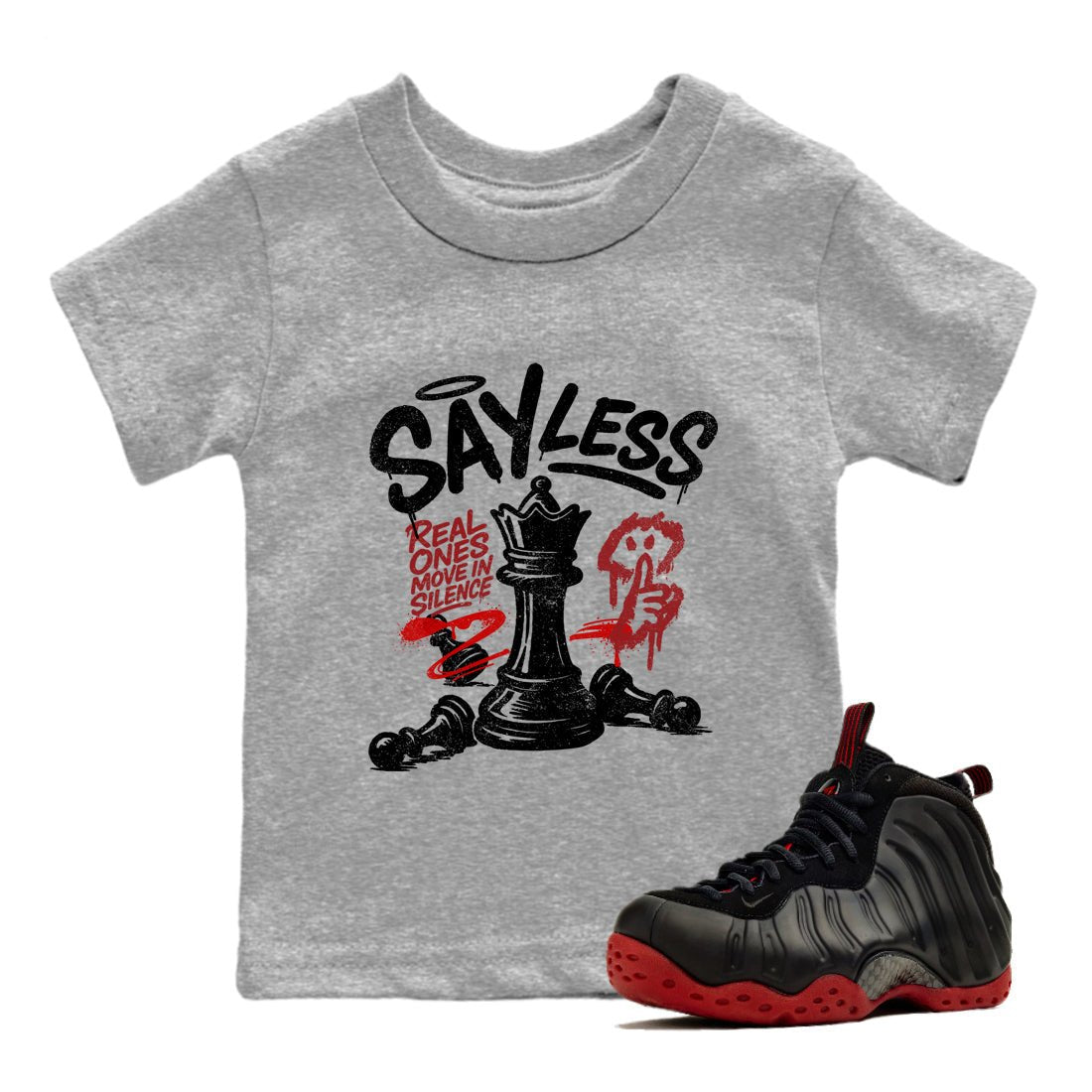 Sneaker match tees – Sneaker Tees To Match Air Foamposite Cough Drop Shoes – Say Less Kids T-Shirt Heather Grey 1