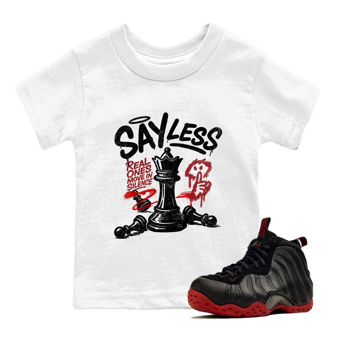 Sneaker match tees – Sneaker Tees To Match Air Foamposite Cough Drop Shoes – Say Less Kids T-Shirt White 1