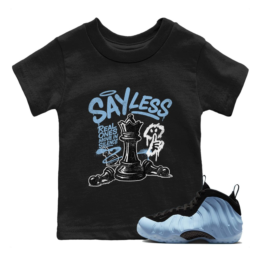 Say Less baby and kids t-shirt crafted for little sneakerheads to shine with the Air Foamposite One Psychic Blue sneakers, displayed in Black 1.