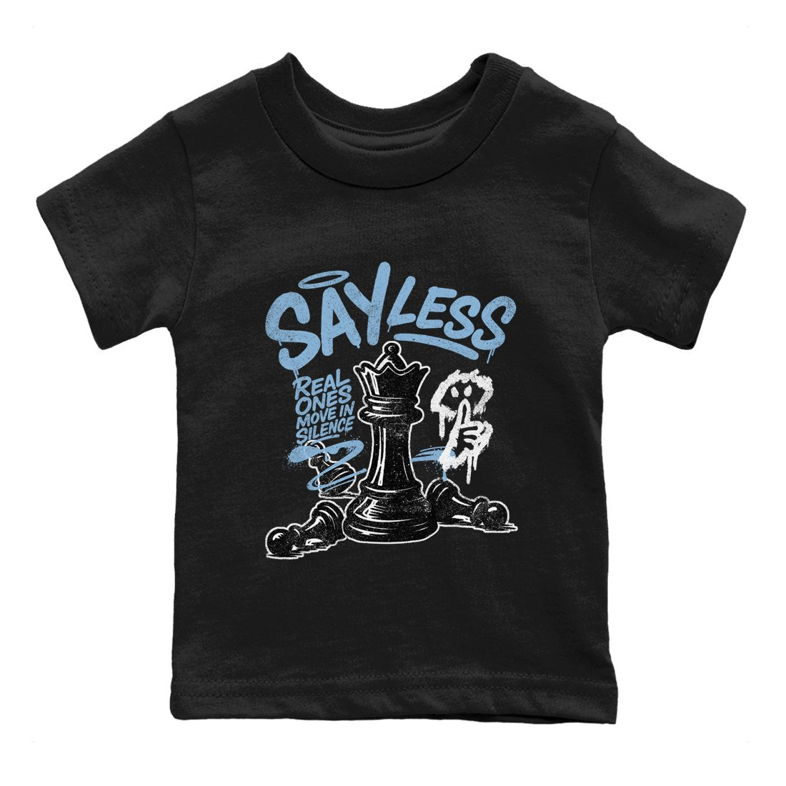 Say Less baby and kids t-shirt crafted for little sneakerheads to shine with the Air Foamposite One Psychic Blue sneakers, displayed in Black 2.