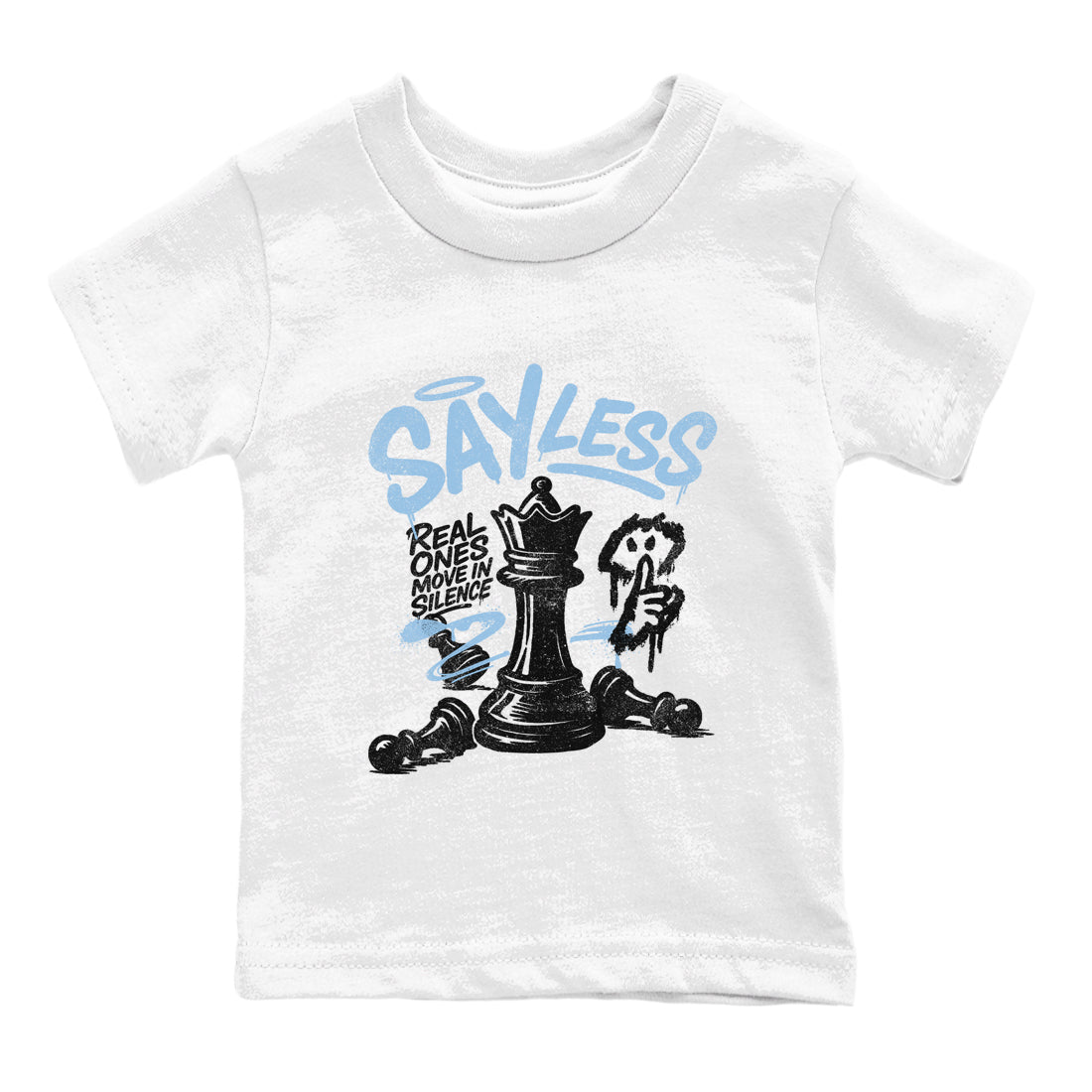 Say Less baby and kids t-shirt crafted for little sneakerheads to shine with the Air Foamposite One Psychic Blue sneakers, displayed in White 2.
