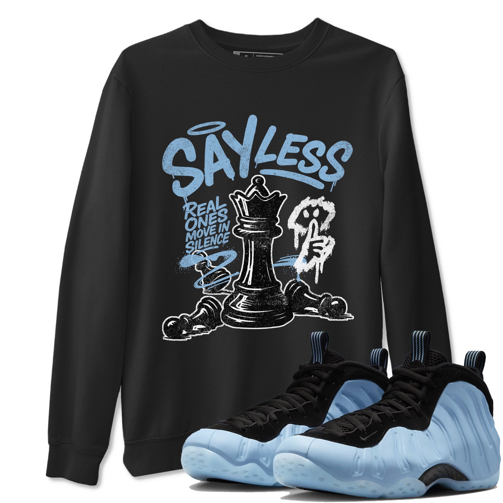 Say Less sneaker match t-shirt styled to complete your fit with the Air Foamposite One Psychic Blue sneakers, shown in Black 1.