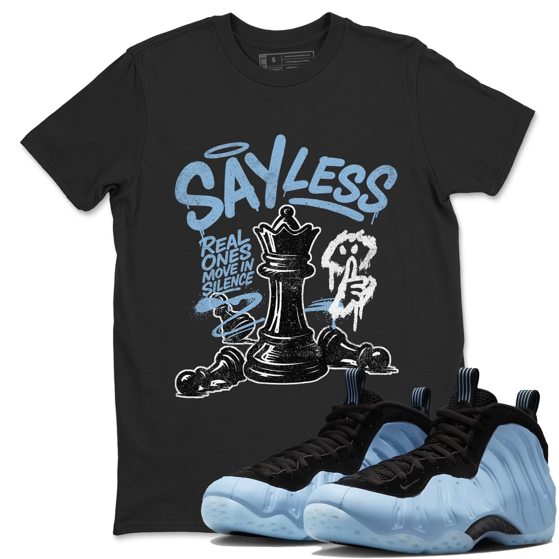 Say Less sneaker match t-shirt styled to complete your fit with the Air Foamposite One Psychic Blue sneakers, shown in Black 1.