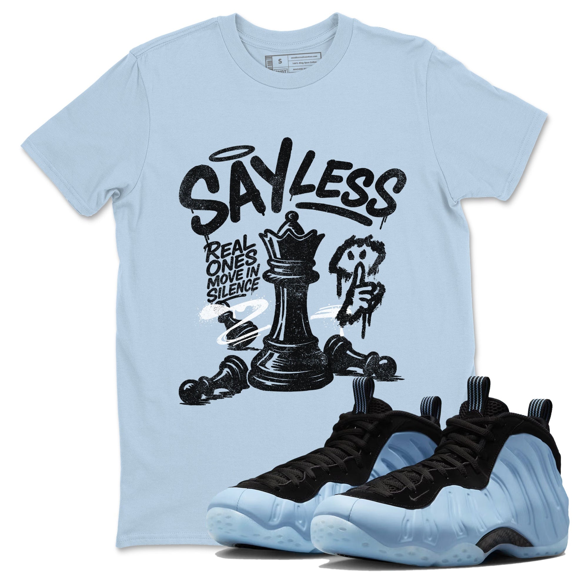 Say Less sneaker match t-shirt styled to complete your fit with the Air Foamposite One Psychic Blue sneakers, shown in Light Blue 1.