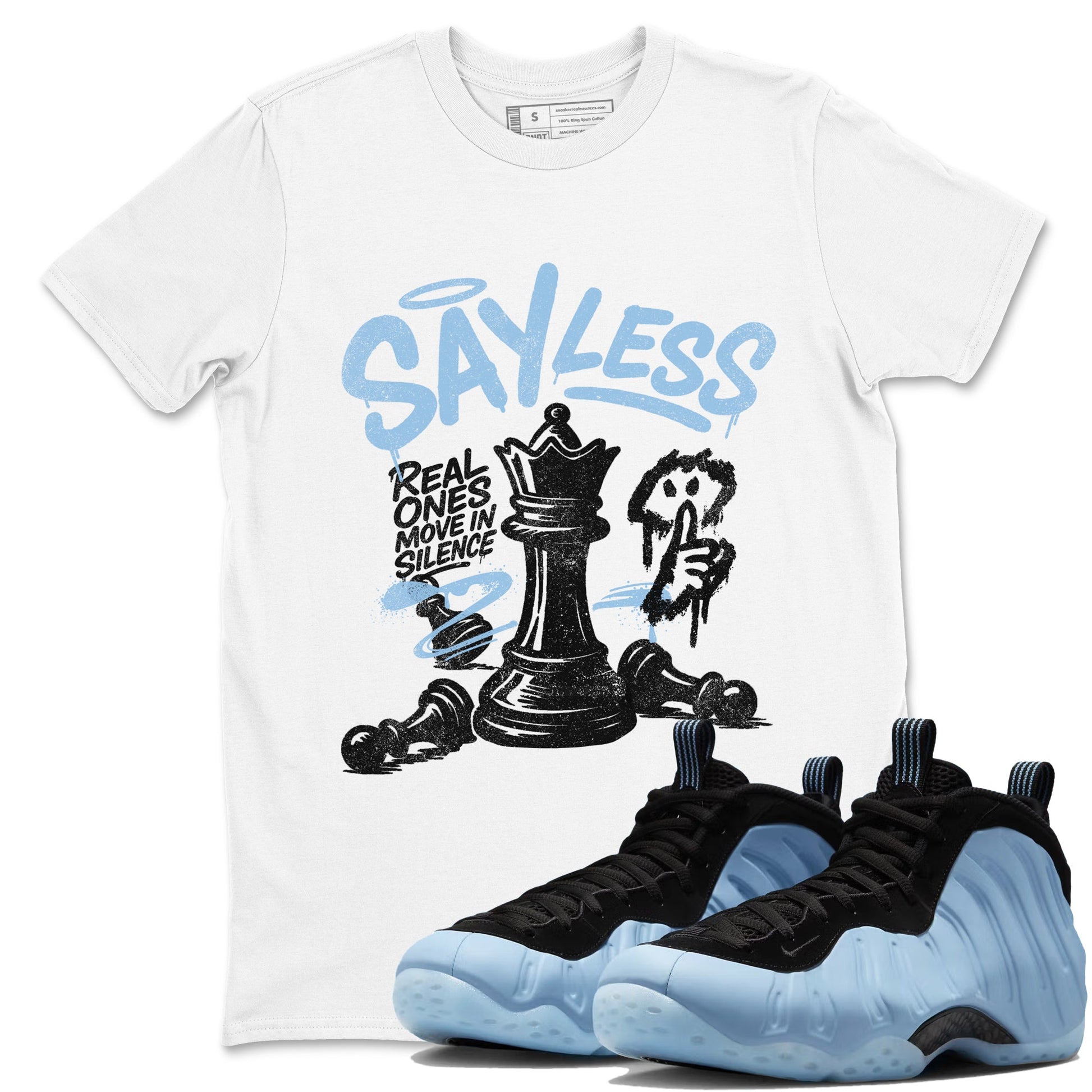 Say Less sneaker match t-shirt styled to complete your fit with the Air Foamposite One Psychic Blue sneakers, shown in White 1.