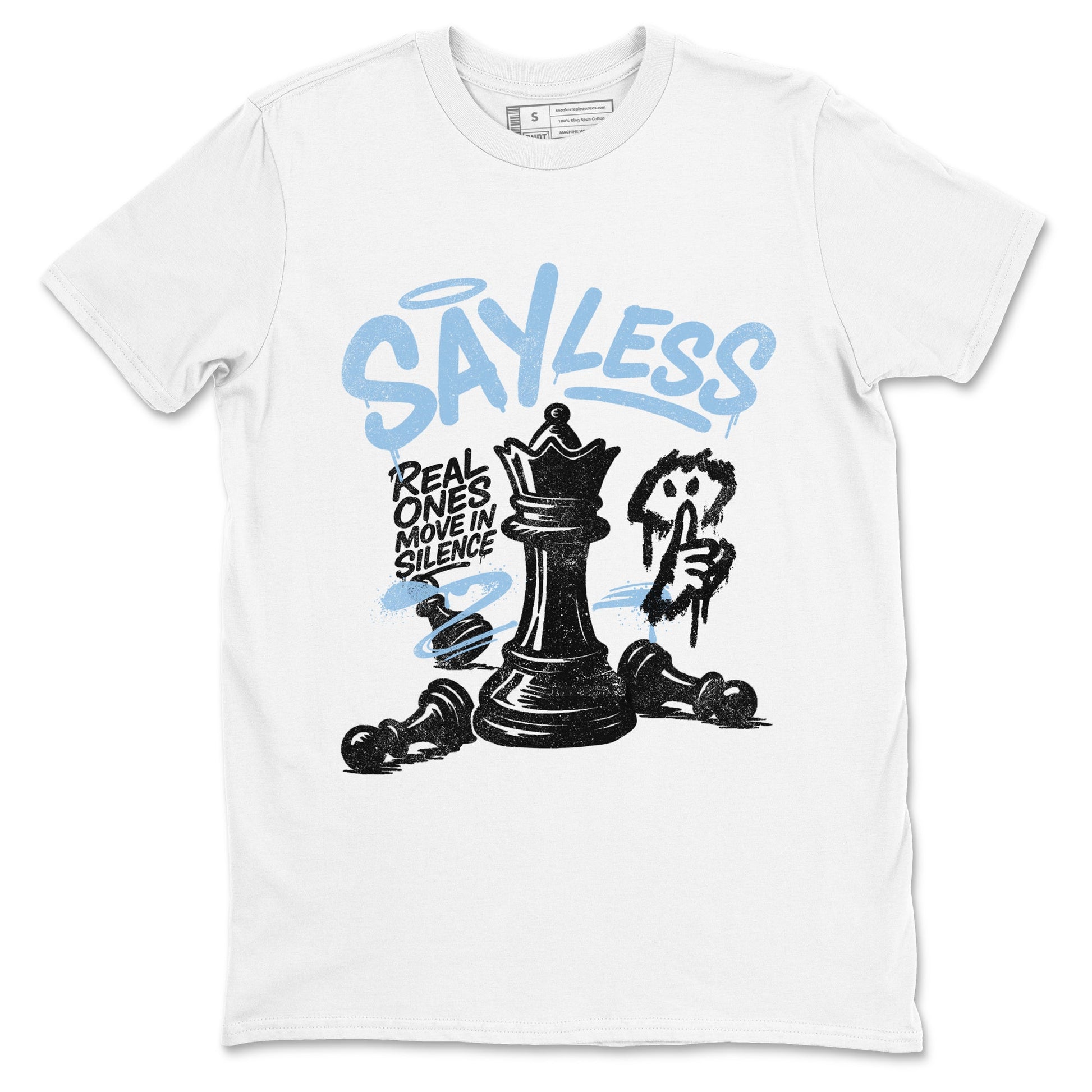 Say Less sneaker match t-shirt styled to complete your fit with the Air Foamposite One Psychic Blue sneakers, shown in White 2.