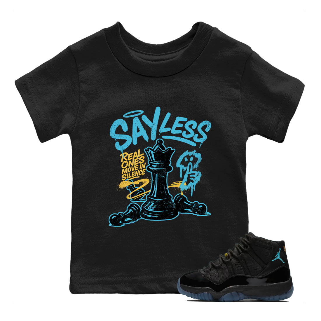 Sneaker Threads – Sneaker Tees To Match Air Jordan 11 Retro Gamma – Say Less Youth Graphic Tee Black 1. Perfect for Jordan releases 2025 colorways.